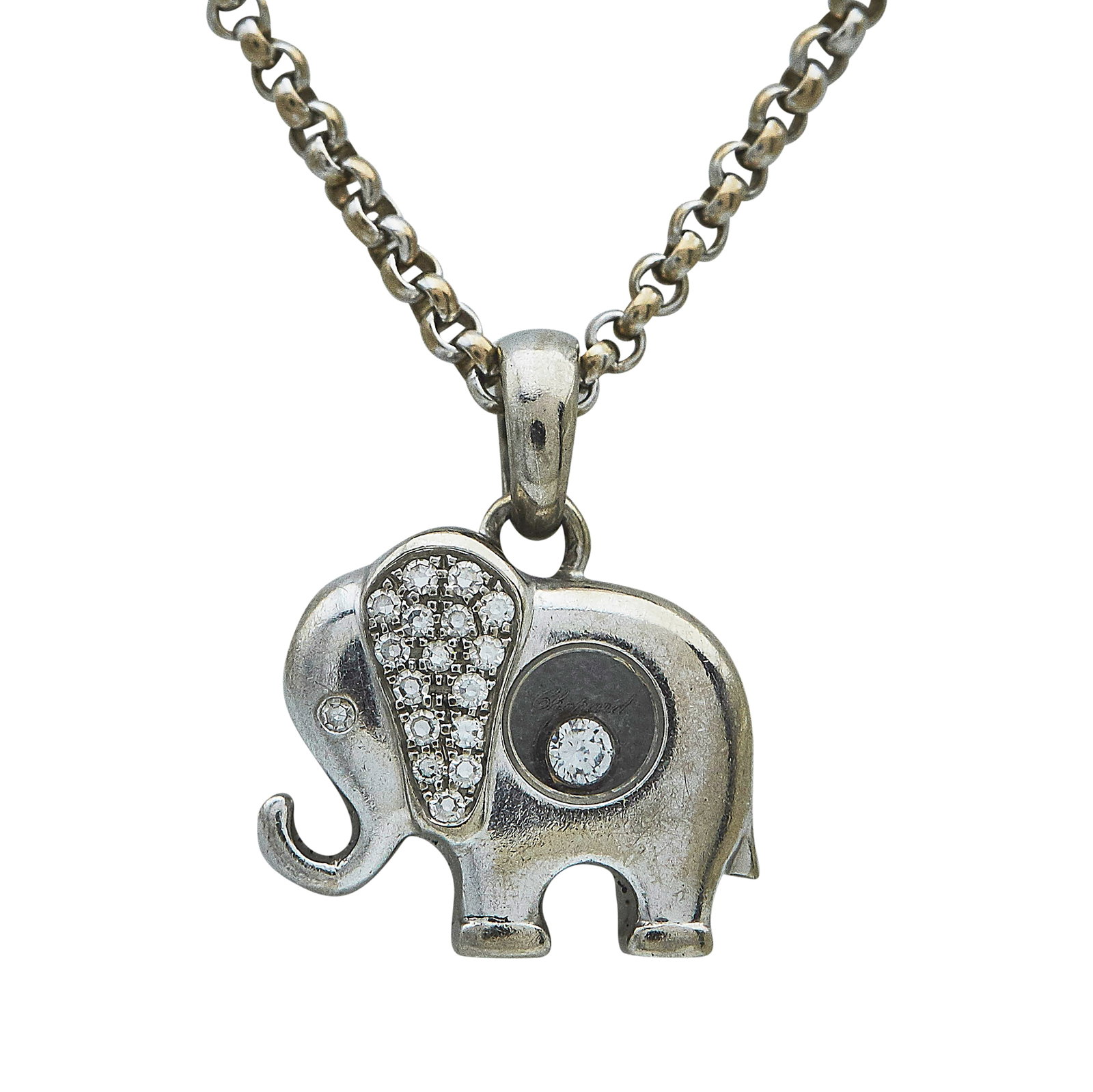 Chopard Happy Diamonds 18K White Gold Elephant Pendant Necklace: BRAND: Chopard; COLLECTION: Happy Diamonds; METAL: 18K White Gold; APPROXIMATE TOTAL DIAMOND WEIGHT: 0.13 ctw; STAMPED: SWISS, numbered, 79/2277-20 Chopard, 750; CONDITION: Pre-owned, Good; ITEM WEIGH