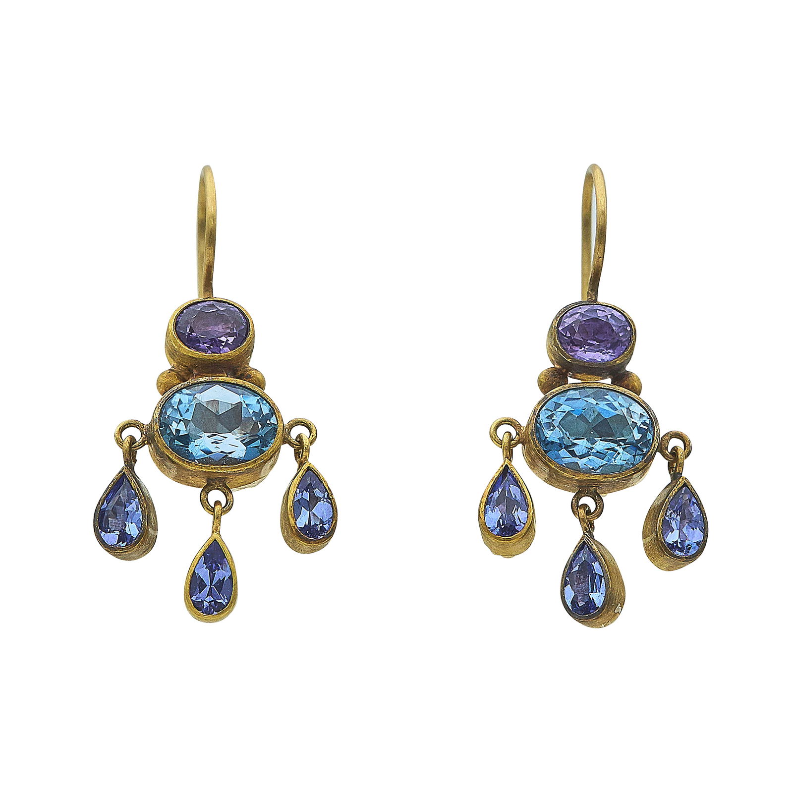 Mallary Marks 18K And 22K Yellow Gold Blue Topaz, Tanzanite And Amethyst Drop Earrings: BRAND: Mallary Marks; METAL: 18K Yellow Gold, 22K Yellow Gold; GEMSTONES: Blue Topaz weighing approx. 2.00 cttw, Amethysts weighing approx. 0.50 cttw, Tanzanites weighing approx. 0.50 cttw; STAMPED: 2