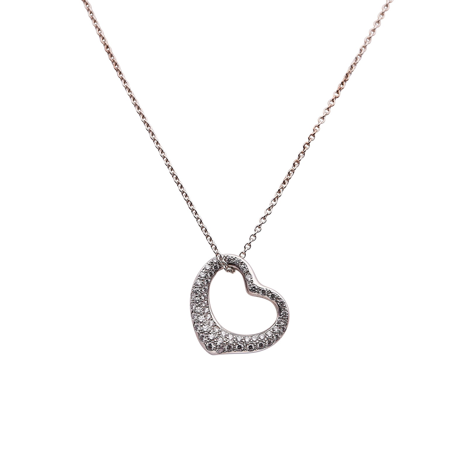 Elsa Peretti for Tiffany & Co. Open Heart Platinum and Diamond Pendant Necklace: BRAND: Elsa Peretti for Tiffany & Co.; COLLECTION: Open Heart; METAL: Platinum; APPROXIMATE TOTAL DIAMOND WEIGHT: 1.11 ctw; STAMPED: Pendant marked: Tiffany & Co., © Elsa Peretti, Pt950, SPAIN; Chain