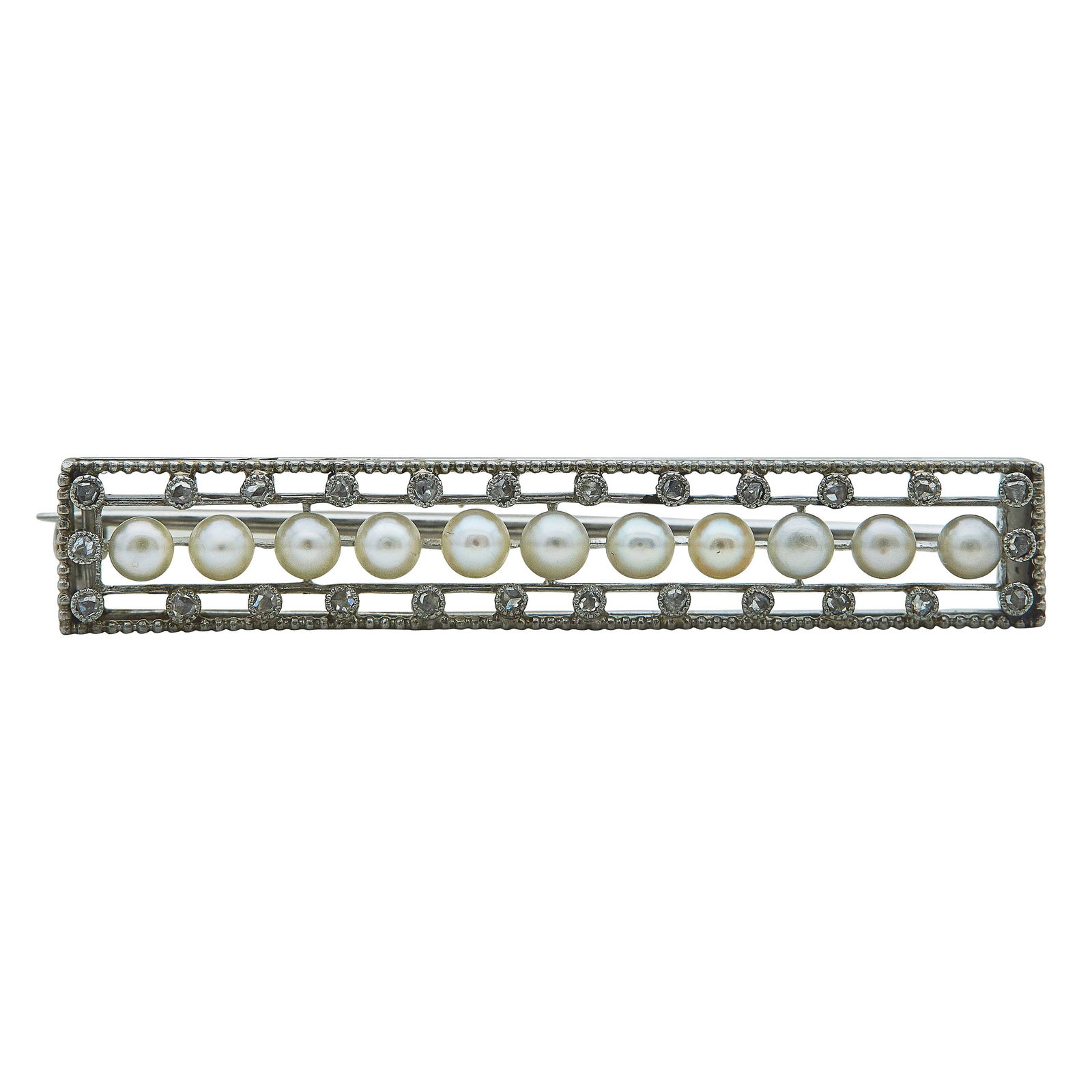 Art Deco Platinum, Pearl, and Rose Cut Diamond Bar Brooch Pin (1 of 3)