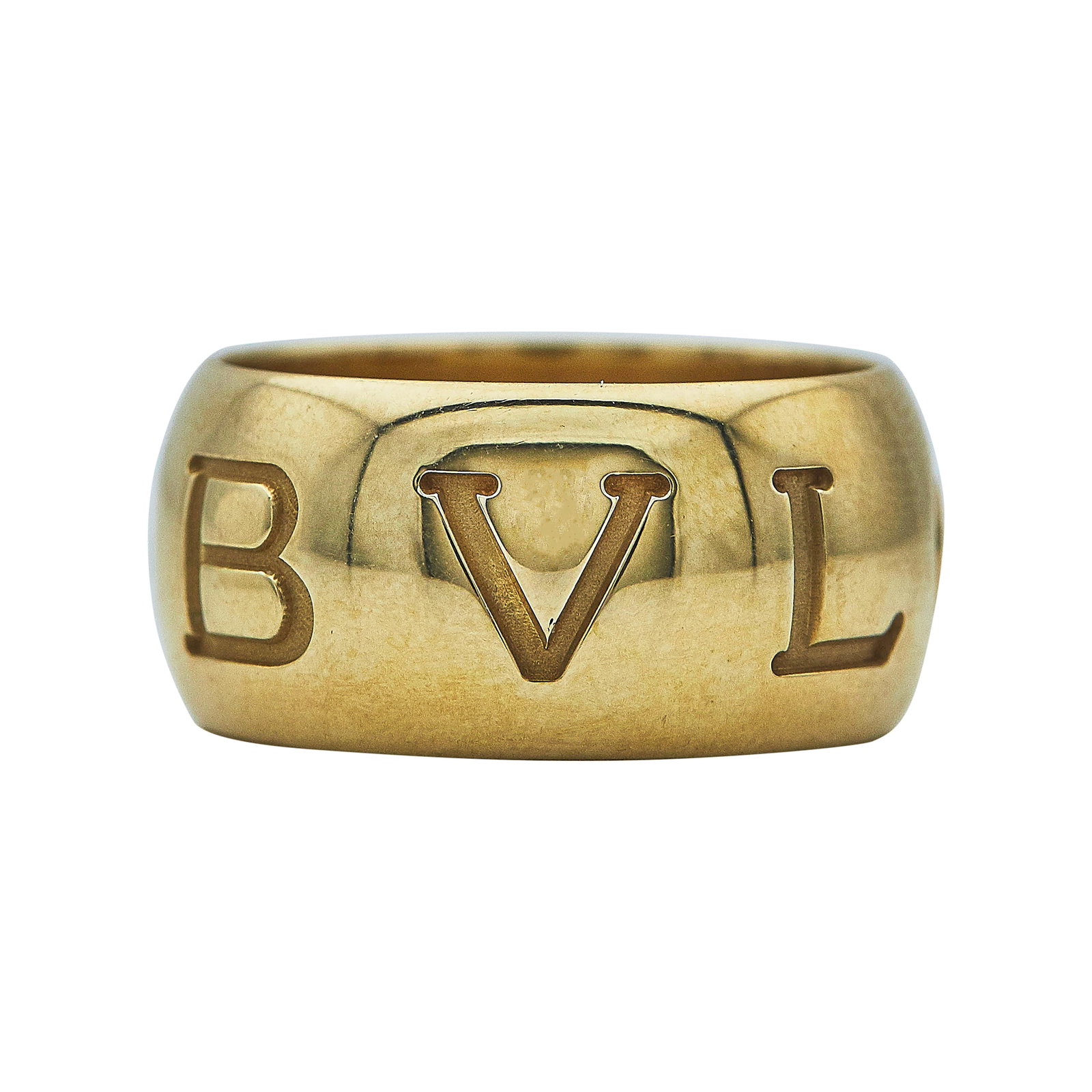 Bulgari Bvlgari Monologo 18K Yellow Gold Band Ring: BRAND: Bulgari; METAL: 18K Yellow Gold; STAMPED: 750, italian maker's mark, MADE IN ITALY, 55, BVLGARI; CONDITION: Pre-owned, Very Good; ITEM WEIGHT (GRAMS): 12.74 g; MEASUREMENTS: Ring size 7; ring m