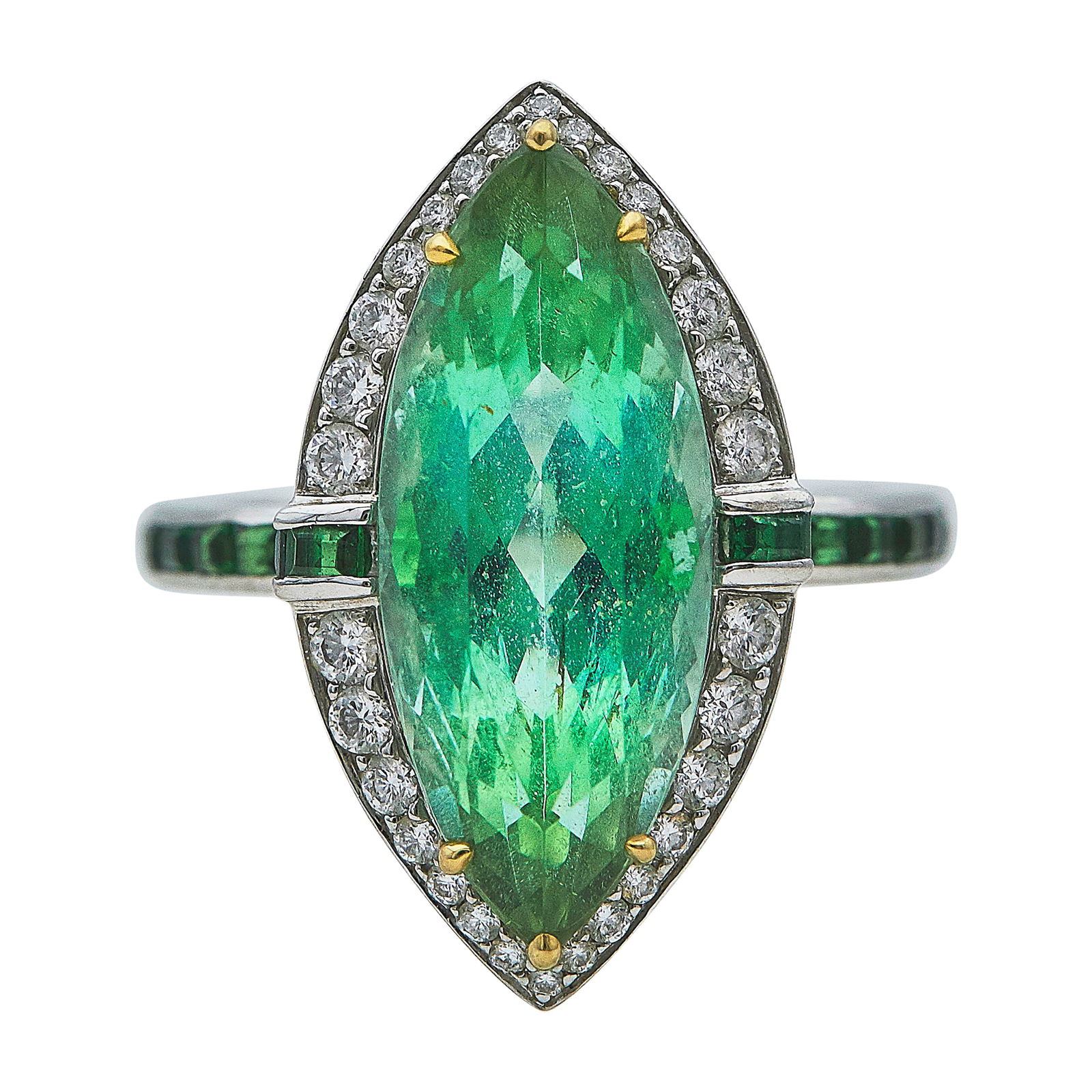 Tiffany & Co. Platinum And 18K Yellow Gold Tourmaline, Tsavorite, And Diamond Halo Ring: BRAND: Tiffany & Co.; METAL: Platinum, 18K Yellow Gold; APPROXIMATE TOTAL DIAMOND WEIGHT: 0.45 ctw; GEMSTONES: Tourmaline weighing approx. 4.88 carats; Tsavorites weighing approx. 0.60 cttw; STAMPED:
