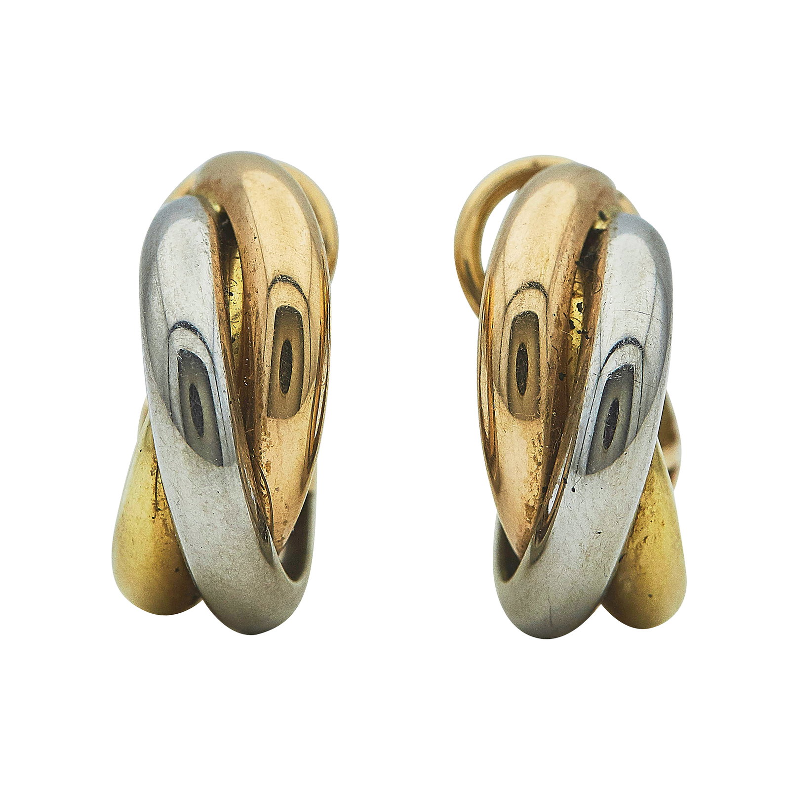 Cartier Trinity 18K Tri-Color Gold Hoop Earrings: BRAND: Cartier; COLLECTION: Trinity; METAL: 18K Tri-Color; STAMPED: 750, Cartier, maker's mark, numbered; CONDITION: Pre-owned, Good; ITEM WEIGHT (GRAMS): 9.4 g; MEASUREMENTS: Earrings measure approx.