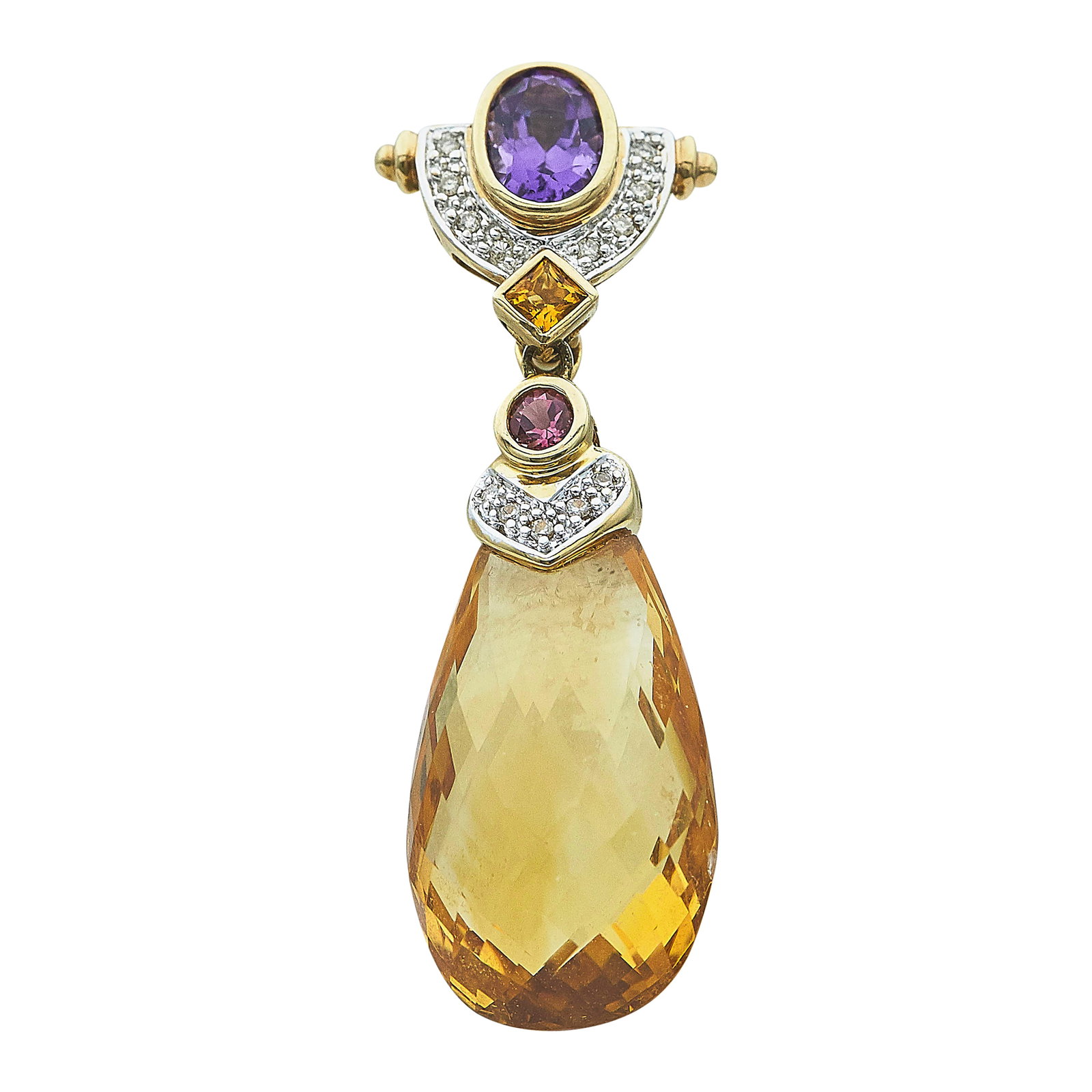 14K Yellow Gold Citrine, Amethyst, Pink Tourmaline And Diamond Pendant: METAL: 14K Yellow Gold; APPROXIMATE TOTAL DIAMOND WEIGHT: 0.10 ctw; GEMSTONES: Citrine, Amethyst, Pink Tourmaline; STAMPED: 14K. 585, Fr; CONDITION: Pre-owned, Very Good; ITEM WEIGHT (GRAMS): 9.8 g; M