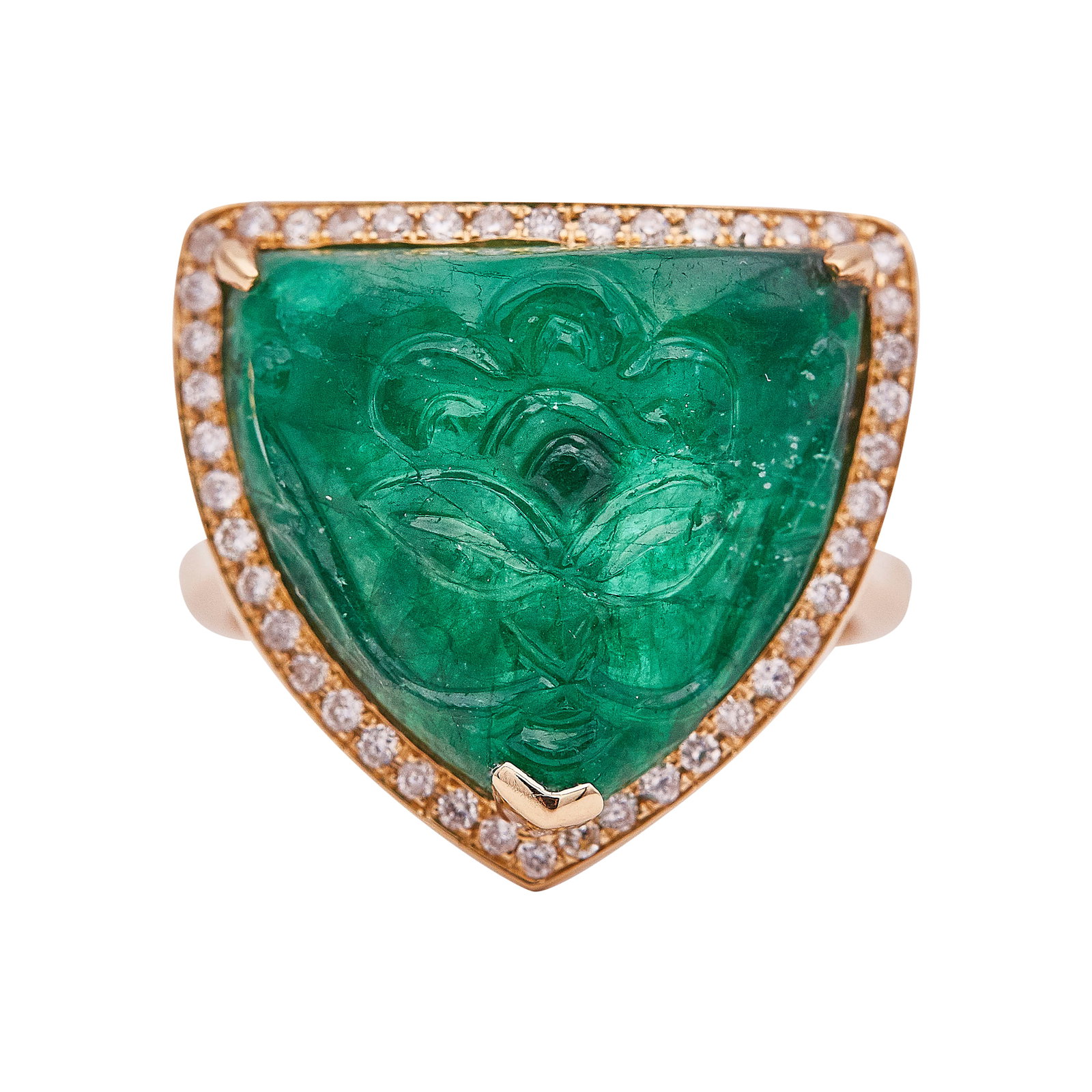 18K Yellow Gold, Carved Emerald and Diamond Ring (1 of 3)