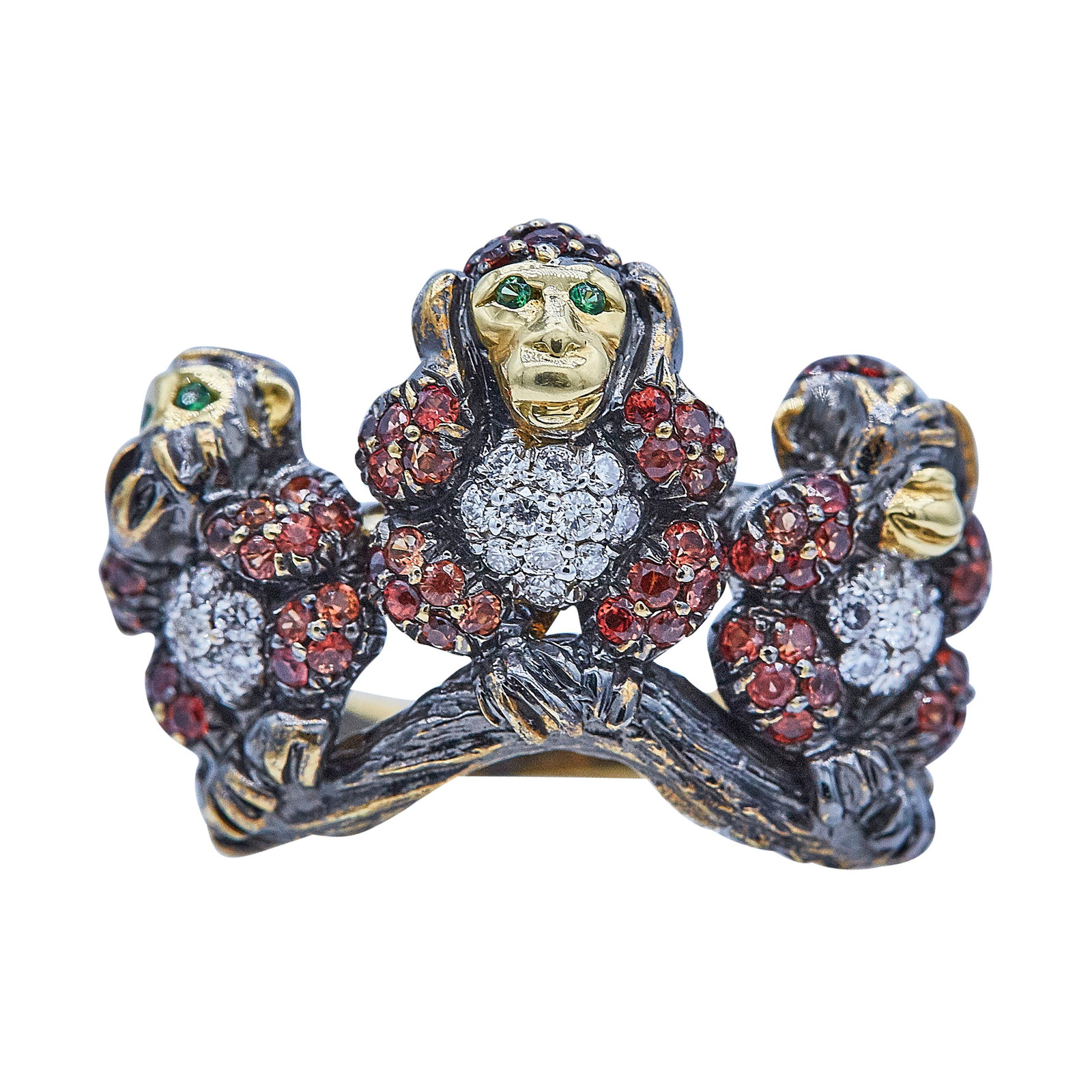 18K Yellow Gold Diamond And Multigem Set Three Wise Monkeys "Speak, Hear, See No Evil" Ring (1 of 3)