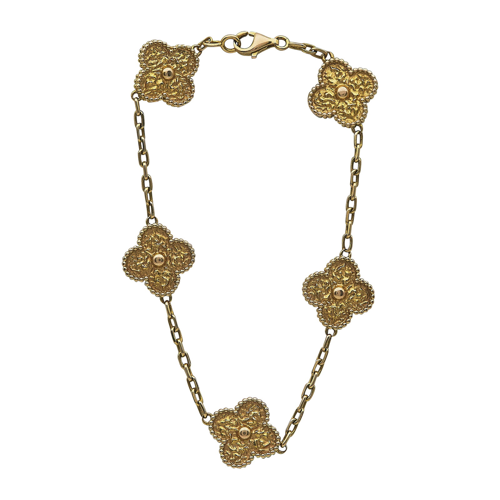 18K Yellow Gold Clover Link Bracelet: METAL: 18K Yellow Gold; STAMPED: 750; CONDITION: Pre-owned, Good; ITEM WEIGHT (GRAMS): 13.4 g; MEASUREMENTS: Bracelet 8 inches long; ADDITIONAL COMMENTS: Spurious markings