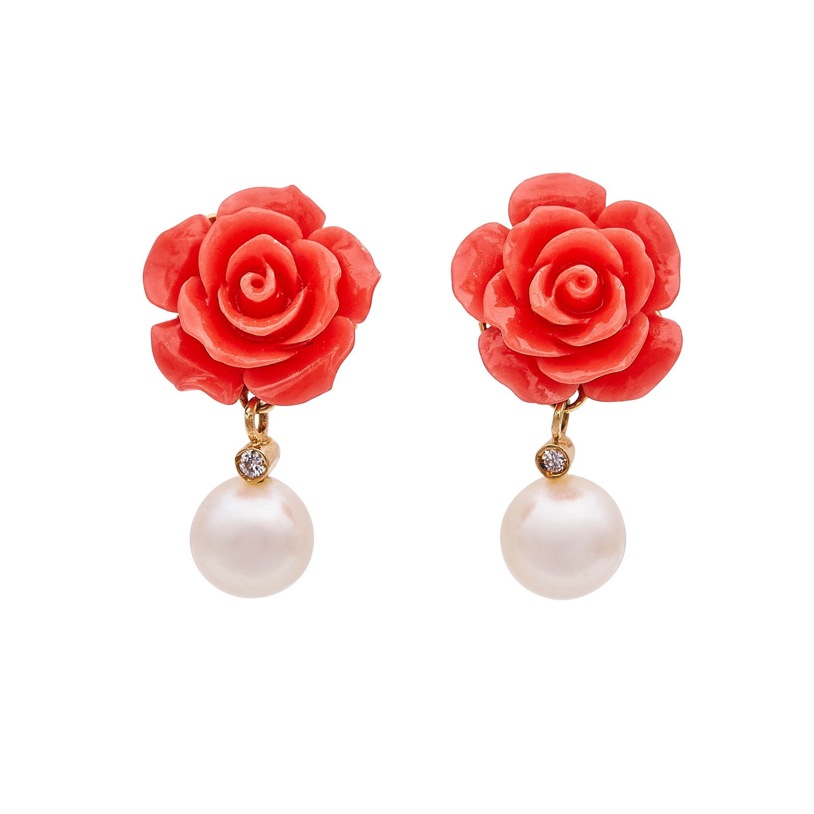 18K Yellow Gold Resin Flower, Pearl, and Diamond Earrings: METAL: 18K Yellow Gold; APPROXIMATE TOTAL DIAMOND WEIGHT: 0.06 ctw; GEMSTONES: Resin, Pearls approximately 8mm in diameter; STAMPED: Clutch backs marked 750; TESTED: 18K Yellow Gold; CONDITION: Pre-ow