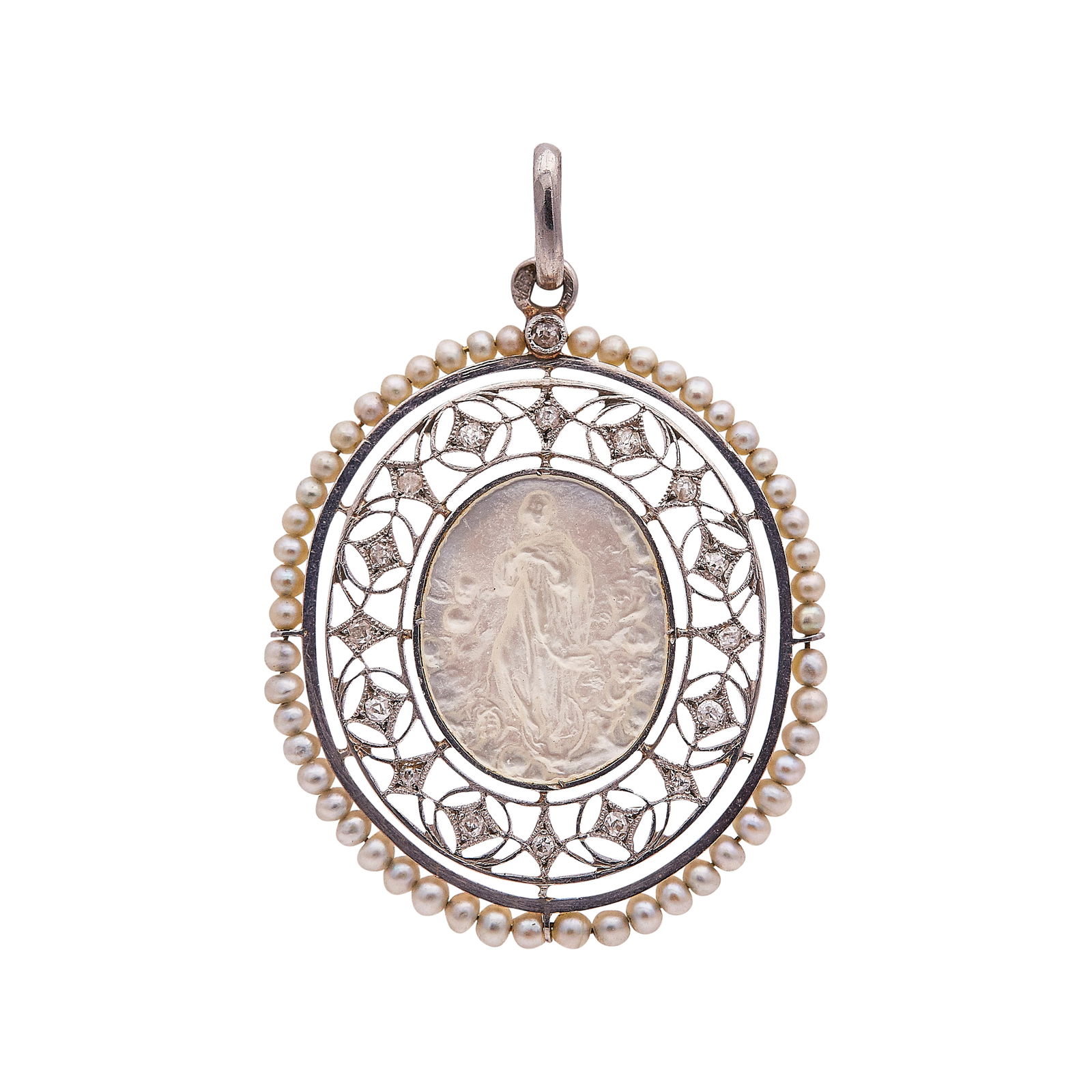 Platinum Pearl, Mother-of-Pearl, and Diamond Religious Medalion Pendant: METAL: Platinum; APPROXIMATE TOTAL DIAMOND WEIGHT: 0.08 ctw; GEMSTONES: Pearl, Mother-of-Pearl; TESTED: Platinum; CONDITION: Pre-owned, Good; ITEM WEIGHT (GRAMS): 3.9 g; MEASUREMENTS: 1 3/8 inch long