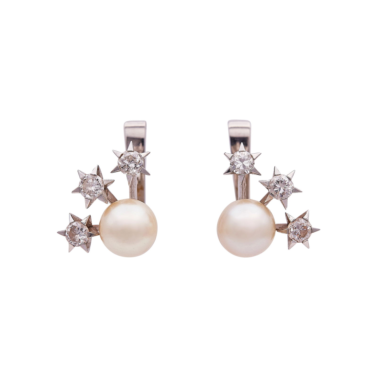 Platinum Cultured Pearl and Diamond Starburst Earrings: METAL: Platinum; APPROXIMATE TOTAL DIAMOND WEIGHT: 1 ctw; GEMSTONES: Cultures pearls approx. 8.50mm in diameter; TESTED: Platinum; CONDITION: Pre-owned, Very Good; ITEM WEIGHT (GRAMS): 10.7 g; MEASURE