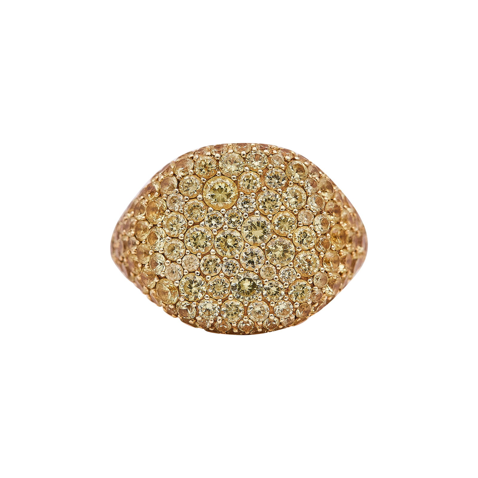 David Yurman 18K Yellow Gold and Yellow Sapphire Pave Ring: BRAND: David Yurman; METAL: 18K Yellow Gold; GEMSTONES: Missing two sapphires; STAMPED: DY, 750; CONDITION: Pre-owned, Good; ITEM WEIGHT (GRAMS): 8.4 g; MEASUREMENTS: Ring size 3 1/2