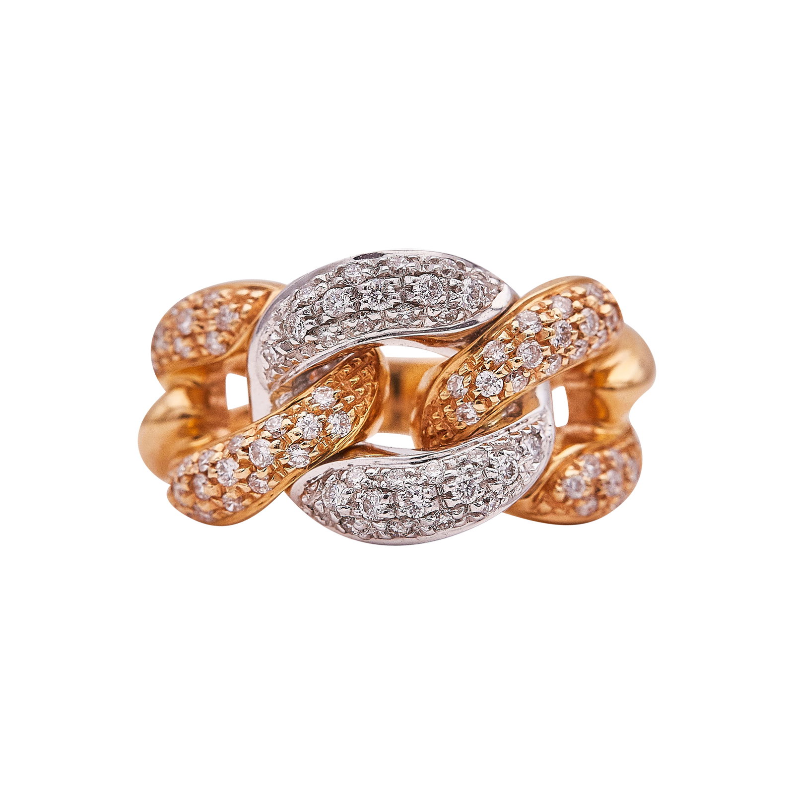 Giorgio Visconti 18K Tri-Color Gold and Diamond Cable Ring: BRAND: Giorgio Visconti; METAL: 18K Tri-Color; APPROXIMATE TOTAL DIAMOND WEIGHT: 0.80 ctw; STAMPED: Giorgio Visconti, 750, Italian workshop mark; CONDITION: Pre-owned, Very Good; ITEM WEIGHT (GRAMS):