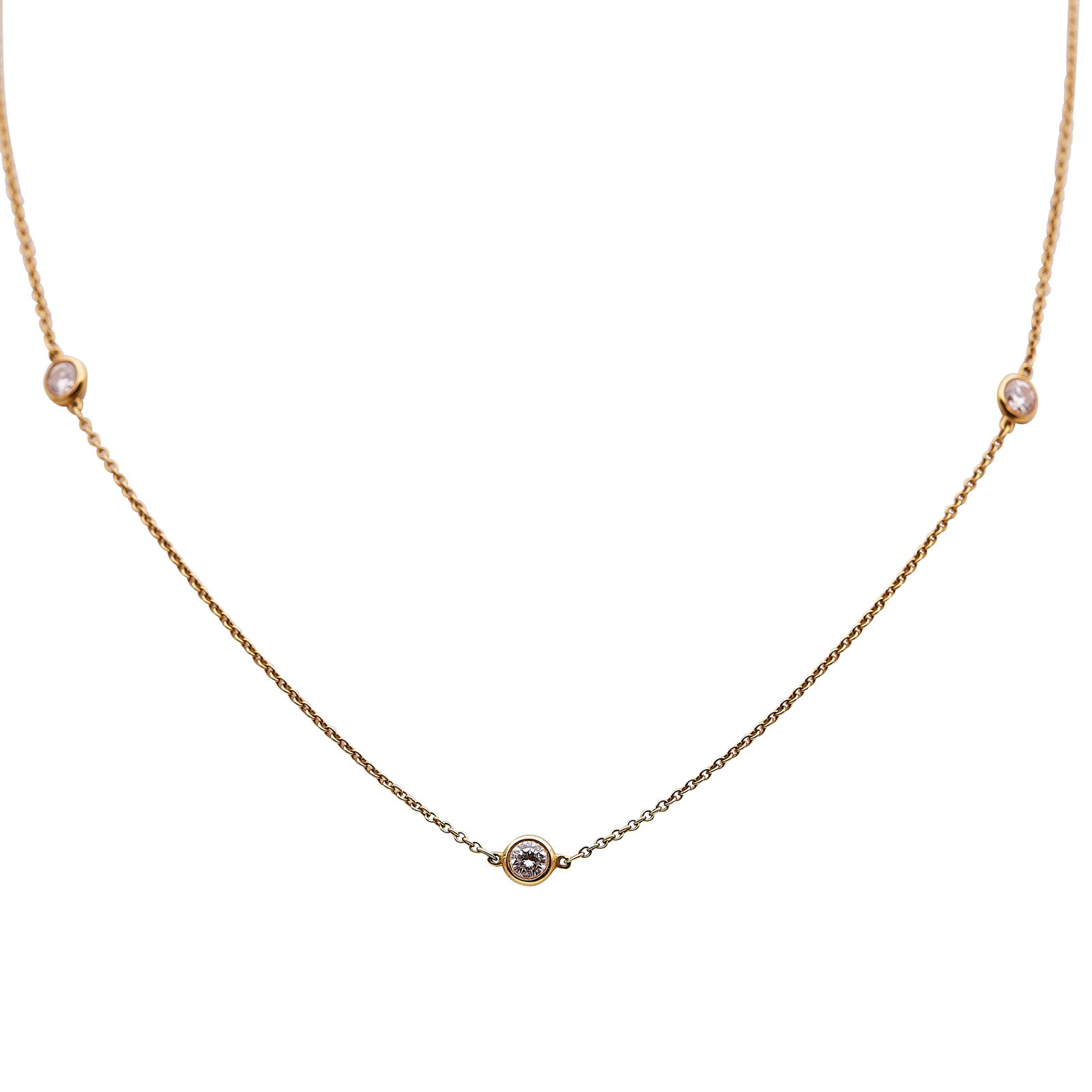 Elsa Peretti for Tiffany & Co. Diamonds by the Yard 18K Yellow Gold Diamond Necklace: BRAND: Elsa Peretti for Tiffany & Co.; COLLECTION: Diamonds by the Yard; METAL: 18K Yellow Gold; APPROXIMATE TOTAL DIAMOND WEIGHT: 0.85 ctw; STAMPED: Tiffany & Co., 750, Peretti; CONDITION: Pre-owned,
