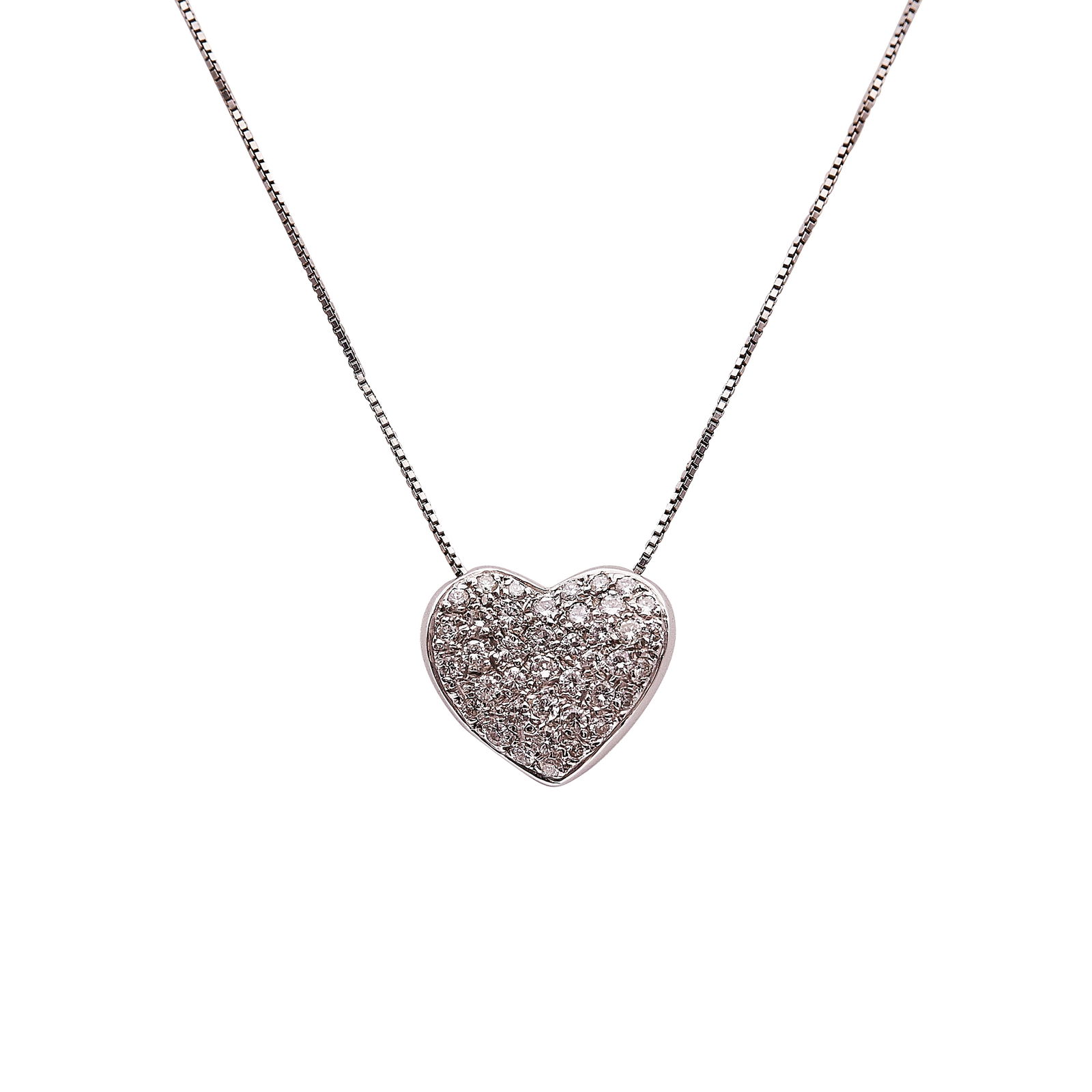 14K White Gold Pave Diamond Heart Pendant Necklace: METAL: 14K White Gold; APPROXIMATE TOTAL DIAMOND WEIGHT: 0.87 ctw; STAMPED: Pendant marked 14K; Chain marked 14K; CONDITION: Pre-owned, Very Good; ITEM WEIGHT (GRAMS): 7.4 g; MEASUREMENTS: Necklace 19