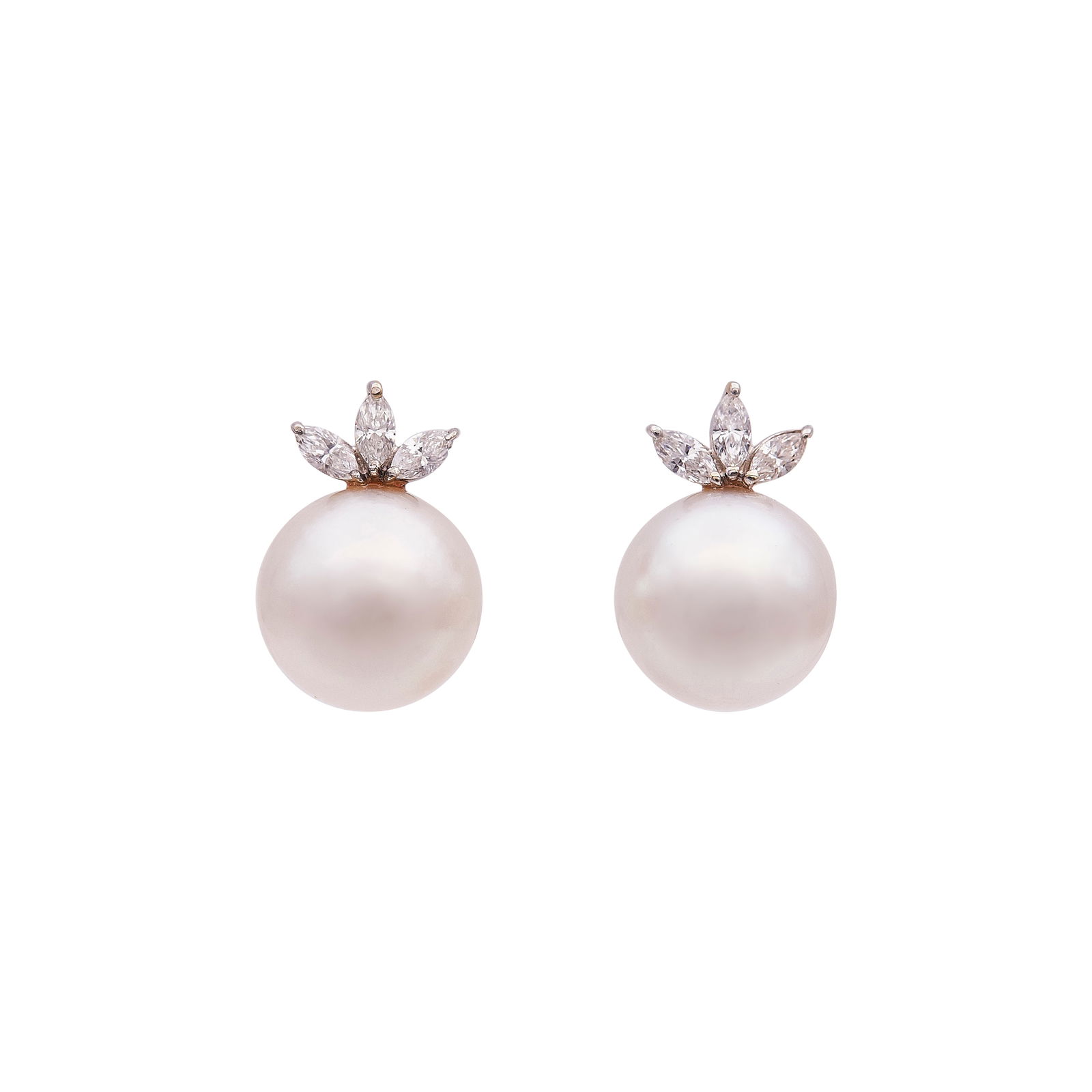 14K White Gold White Pearl and Marquise Cut Diamond Earrings: METAL: 14K White Gold; APPROXIMATE TOTAL DIAMOND WEIGHT: 0.48 ctw; GEMSTONES: Pearls approx. 12.50mm in diameter; STAMPED: Backs marked 14k; TESTED: 14K White Gold; CONDITION: Pre-owned, Good; ITEM WE