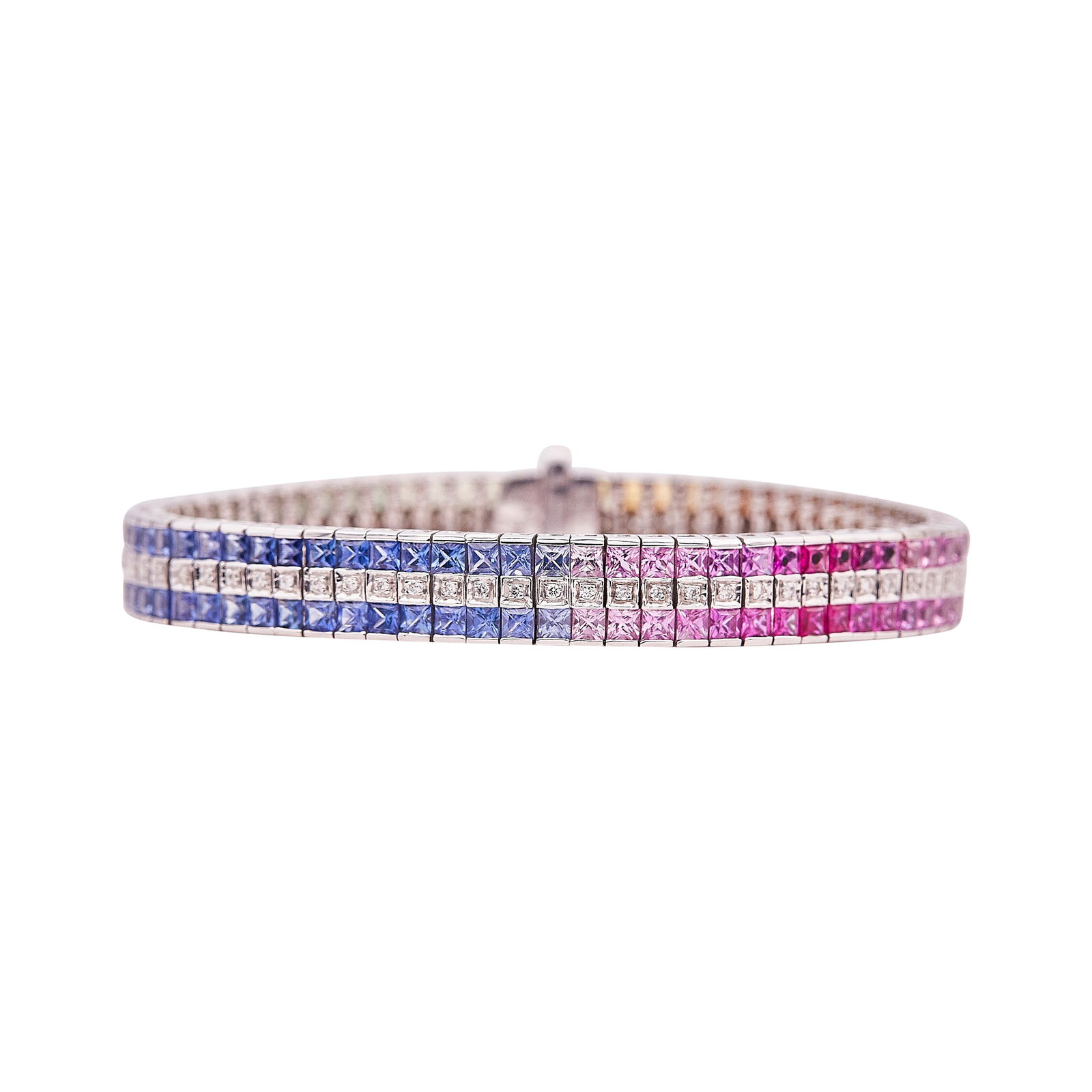 18K White Gold Multicolored Sapphire and Diamond Bracelet: METAL: 18K White Gold; APPROXIMATE TOTAL DIAMOND WEIGHT: 0.42 ctw; GEMSTONES: Multicolored Sapphires; STAMPED: 18K; CONDITION: Pre-owned, Very Good; ITEM WEIGHT (GRAMS): 33.2 g; MEASUREMENTS: Bracelet