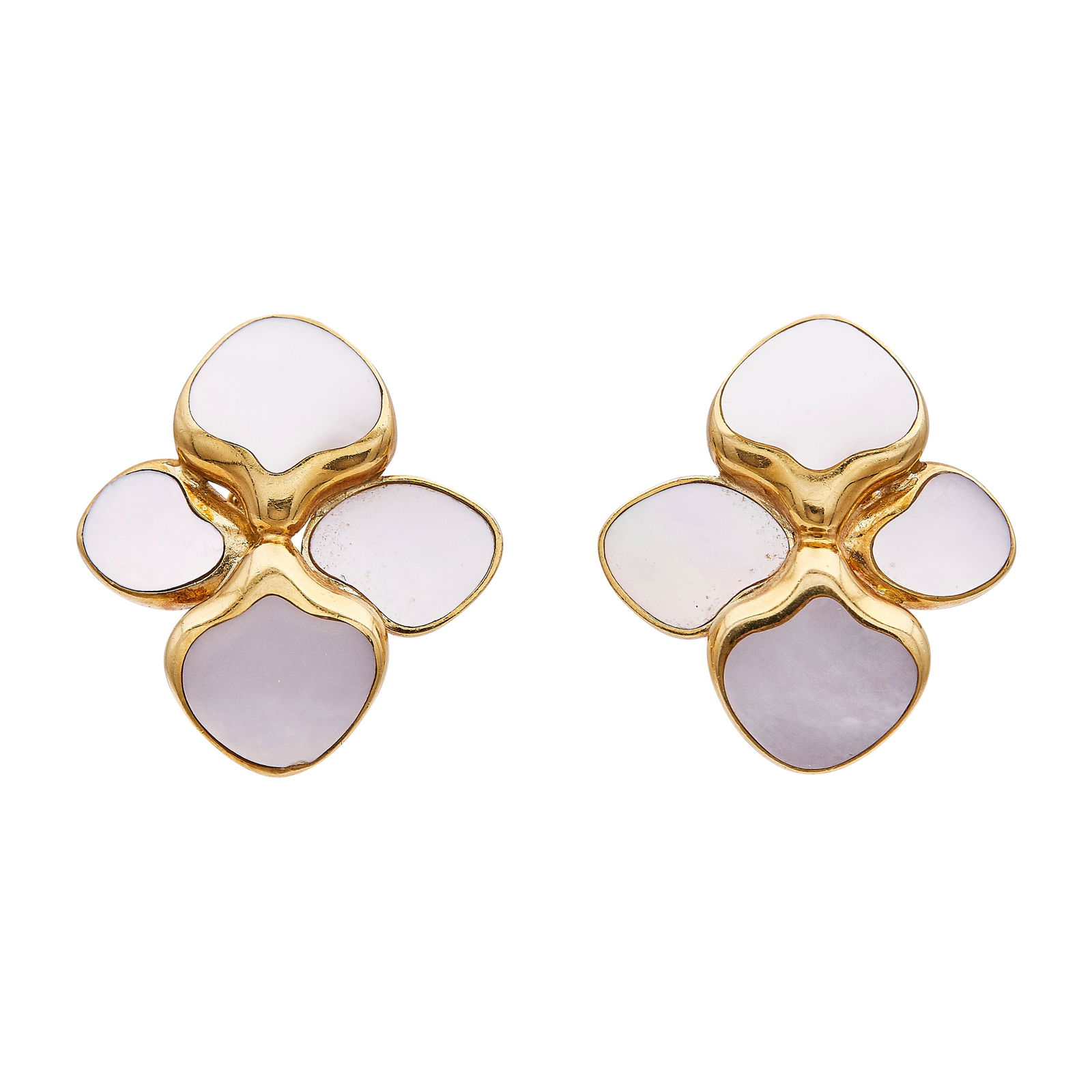 Angela Cummings 18K Yellow Gold and Mother-of-Pearl Flower Earrings: BRAND: Angela Cummings; METAL: 18K Yellow Gold; GEMSTONES: Mother-of-Pearl, Small chip on edge of one Mother-of-Pearl inlay; STAMPED: Angela Cummings, ©, 750; CONDITION: Pre-owned, Very Good; ITEM WE