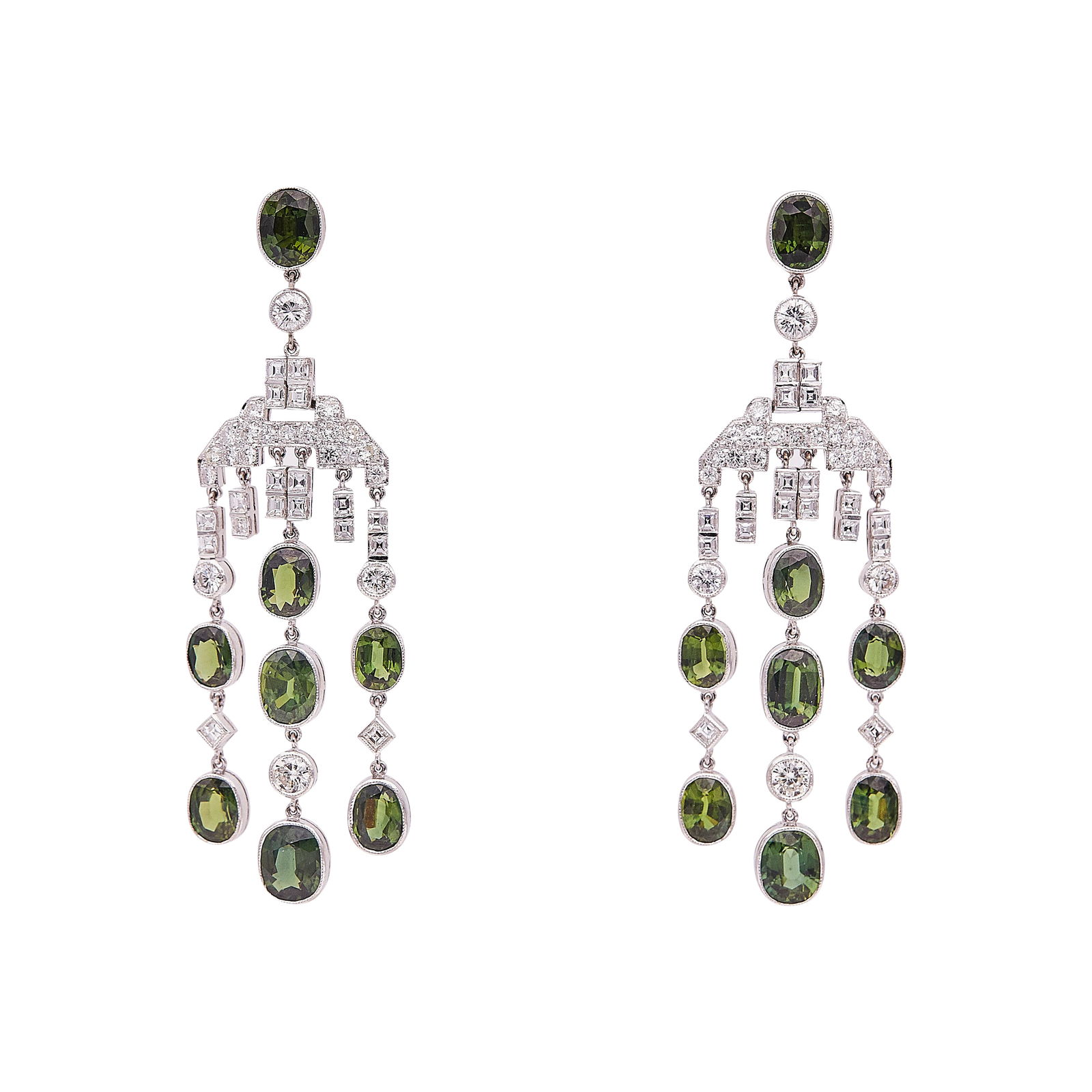 18K White Gold Green Sapphire and Diamond Chandelier Earrings: METAL: 18K White Gold; APPROXIMATE TOTAL DIAMOND WEIGHT: 4.22 ctw; GEMSTONES: Green Sapphires approx. 5.00 carats; TESTED: 18K White Gold; CONDITION: Pre-owned, Very Good; ITEM WEIGHT (GRAMS): 21.57 g