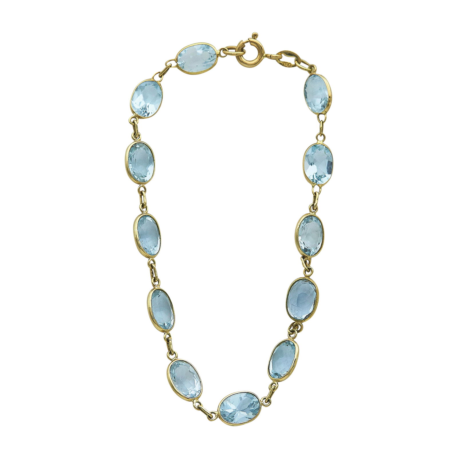 18K Yellow Gold and Oval Cut Blue Topaz Bracelet: METAL: 18K Yellow Gold; GEMSTONES: Blue Topaz; STAMPED: Claps marked 750; CONDITION: Pre-owned, Good; ITEM WEIGHT (GRAMS): 3.3 g; MEASUREMENTS: Bracelet 6 1/4 inches long