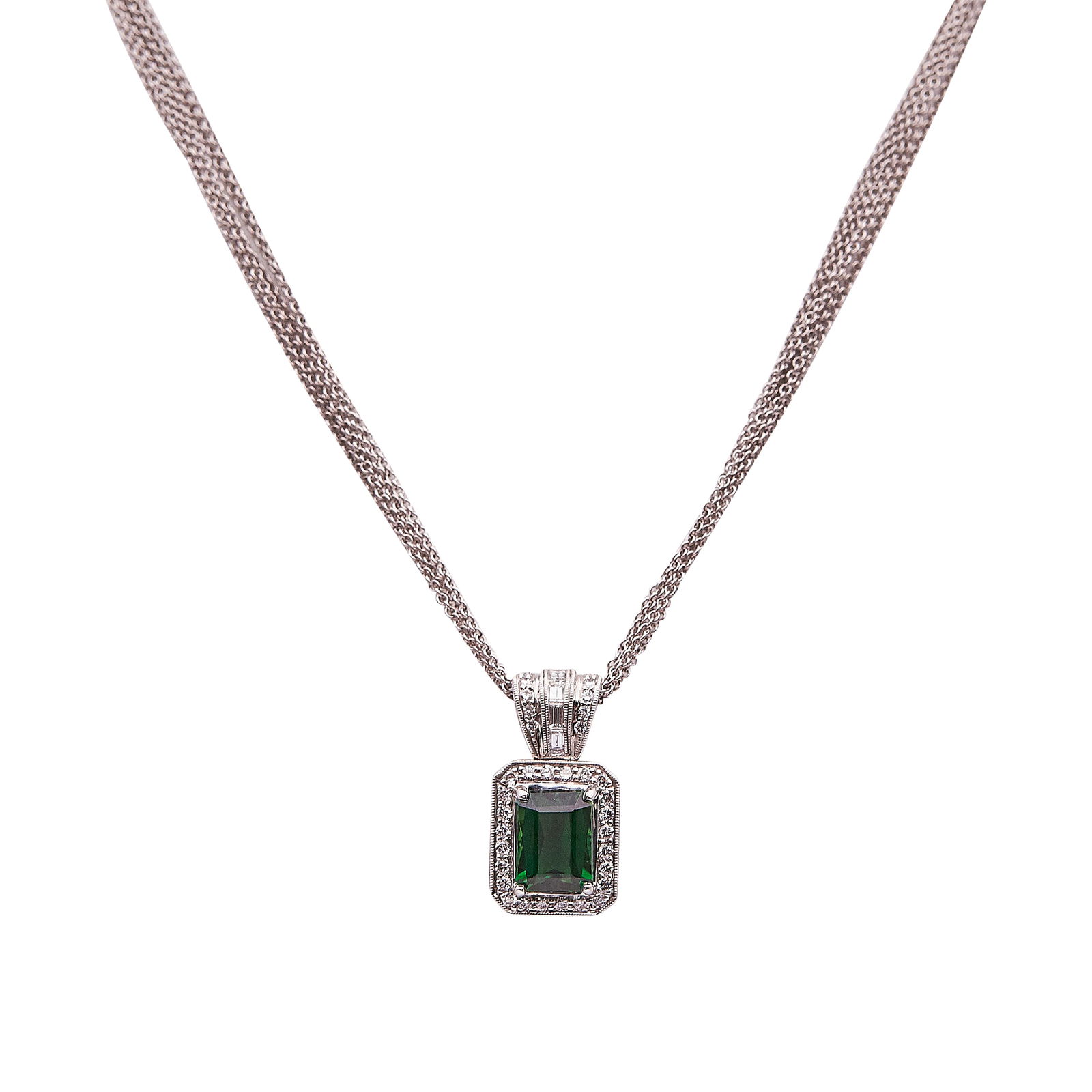18K White Gold Tourmaline and Diamond Pendant Necklace: METAL: 18K White Gold; APPROXIMATE TOTAL DIAMOND WEIGHT: 0.29 ctw; GEMSTONES: Tourmaline weighing approx. 0.46 carat; STAMPED: Pendant marked 18K, SG, 0.46; Clasp stamped 750; CONDITION: Pre-owned, Ve