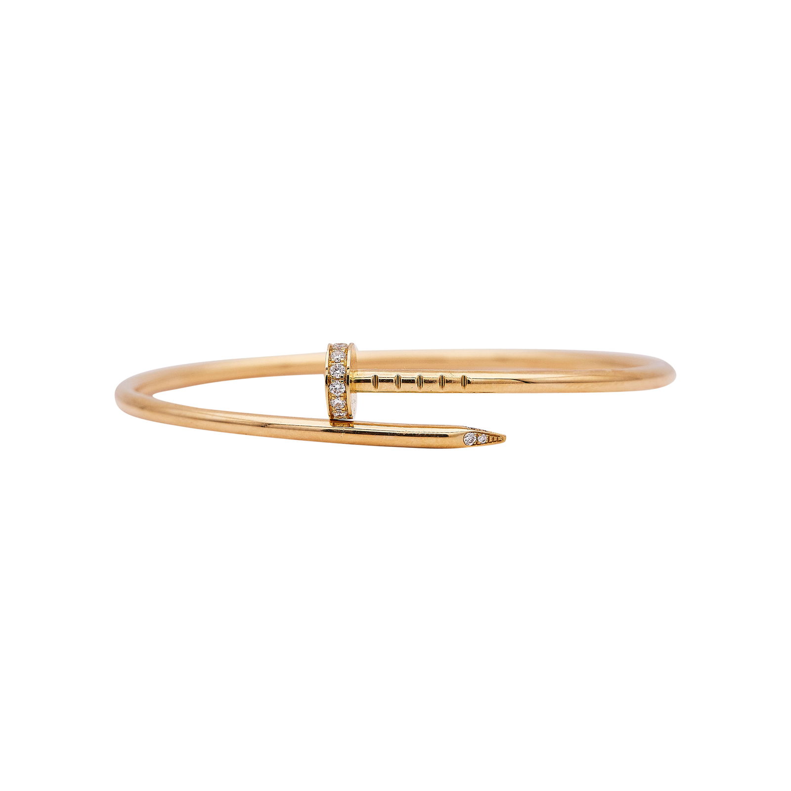 Cartier Juste un Clou, Small Model, 18K Yellow Gold and Diamond Bracelet: BRAND: Cartier; COLLECTION: Juste un Clou; METAL: 18K Yellow Gold; APPROXIMATE TOTAL DIAMOND WEIGHT: 0.18 ctw; STAMPED: © Cartier, 15, numbered, Au750, Maker's mark; CONDITION: Pre-owned, Very Good;
