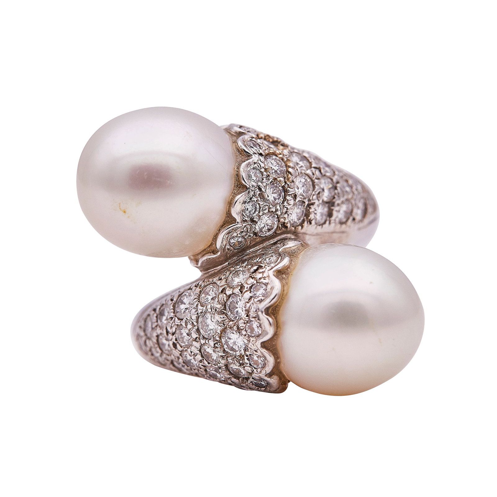 18K White Gold Pearl and Pave Diamond Bypass Ring: METAL: 18K White Gold; APPROXIMATE TOTAL DIAMOND WEIGHT: 1.40 ctw; GEMSTONES: Pearls approx. 13mm wide; TESTED: 18K White Gold; CONDITION: Pre-owned, Good; ITEM WEIGHT (GRAMS): 21.6 g; MEASUREMENTS: R