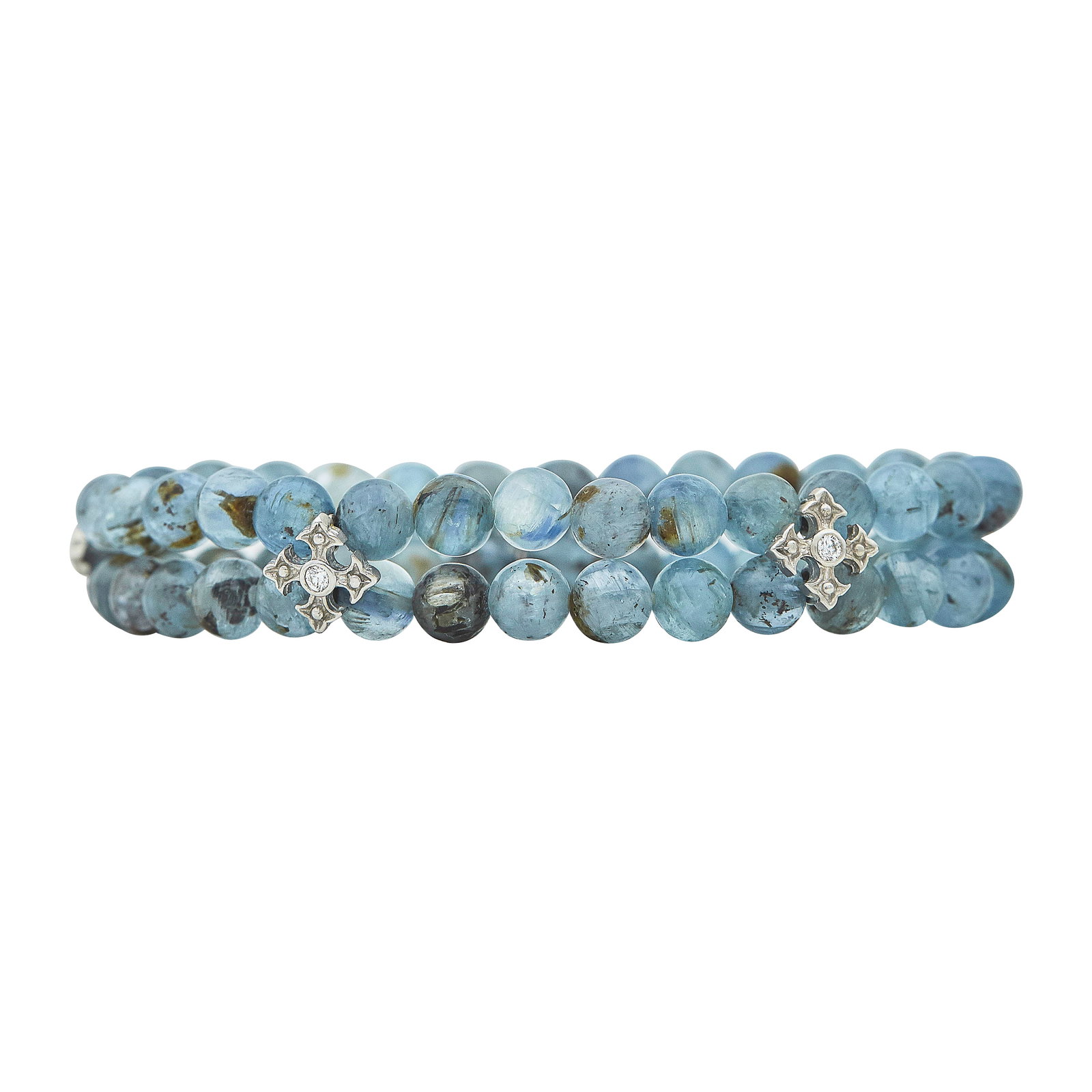 Attributed to Loree Rodkin 18K White Gold and Aquamarine Bead Bracelet: BRAND: Loree Rodkin; METAL: 18K White Gold; APPROXIMATE TOTAL DIAMOND WEIGHT: 0.15 ctw; GEMSTONES: Aquamarine; TESTED: 18K White Gold; CONDITION: Pre-owned, Good; ITEM WEIGHT (GRAMS): 30.2 g; MEASUREM