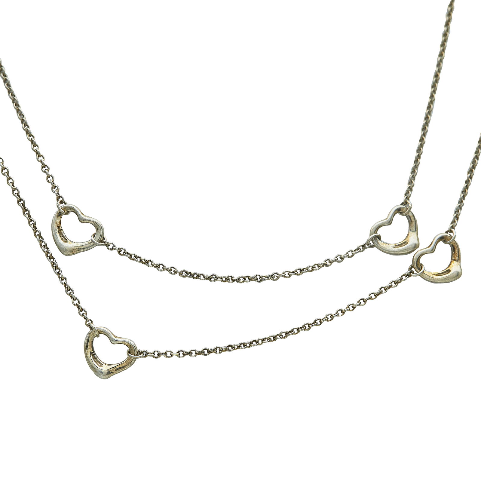 Elsa Peretti for Tiffany & Co. Sterling Silver Open Heart Station Chain Necklace: BRAND: Elsa Peretti for Tiffany & Co.; COLLECTION: Open Heart; METAL: Sterling Silver; STAMPED: Tiffany & Co., PERETTI, 925, SPAIN; CONDITION: Pre-owned, Very Good; ITEM WEIGHT (GRAMS): 12.2 g; MEASUR
