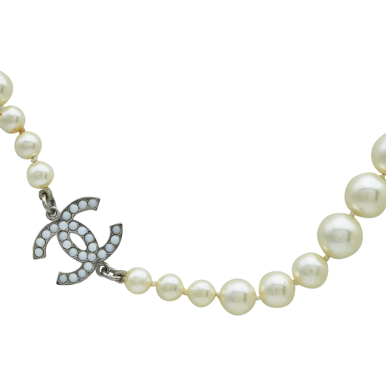 Chanel Base Metal and Faux Pearl Necklace: BRAND: Chanel; METAL: Base Metal; GEMSTONES: Faux Pearls approx. 6mm to 12mm in diameter; STAMPED: © Chanel, Date code 10 V, Made in France; CONDITION: Pre-owned, Very Good; ITEM WEIGHT (GRAMS): 93.3