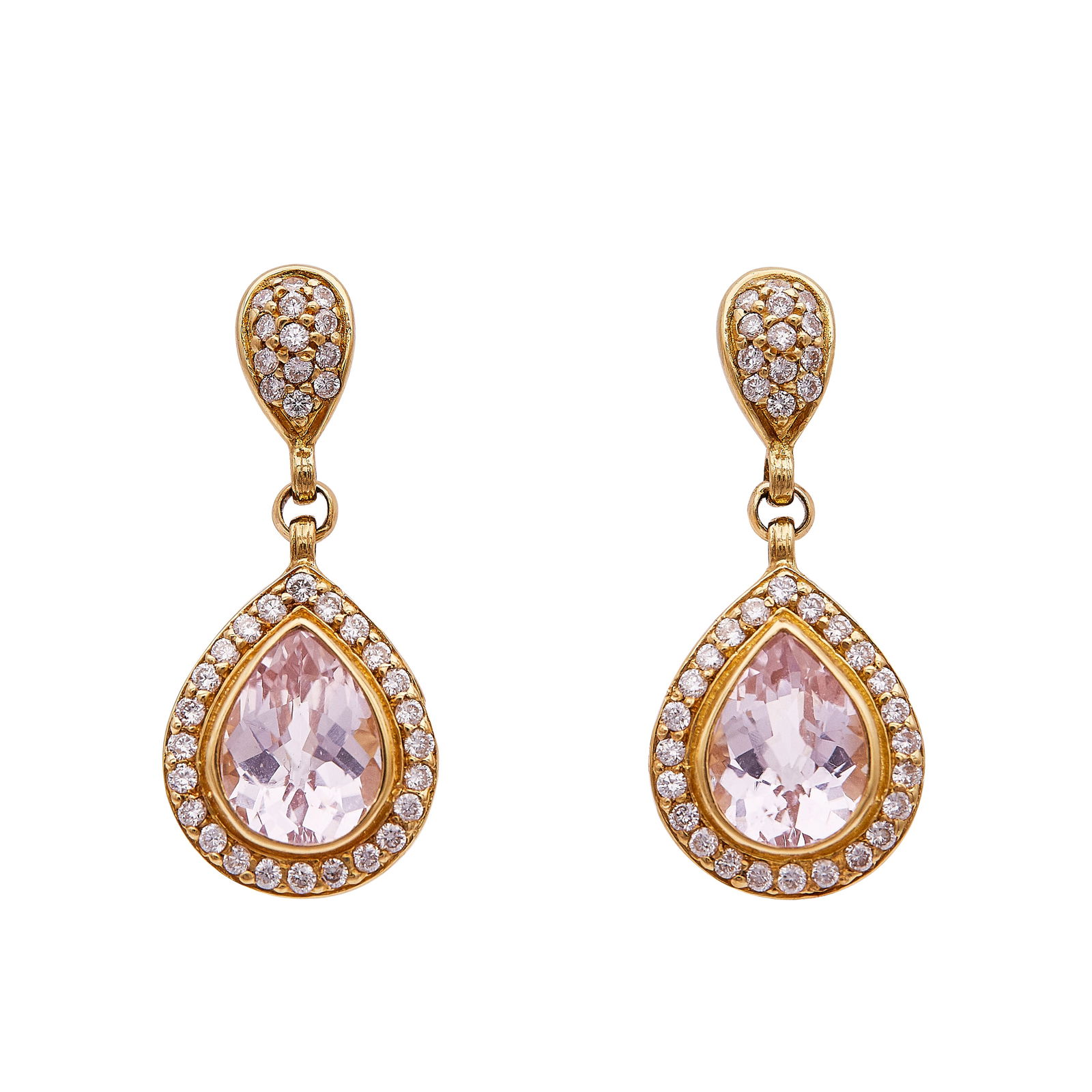 Stephen Dweck 18K Yellow Gold Kunzite and Diamond Earrings: BRAND: Stephen Dweck; METAL: 18K Yellow Gold; GEMSTONES: Kunzites measuring approx. 10.40mm x 7.50mm; STAMPED: Maker's mark, 750; CONDITION: Pre-owned, Very Good; ITEM WEIGHT (GRAMS): 12.07 g; MEASURE