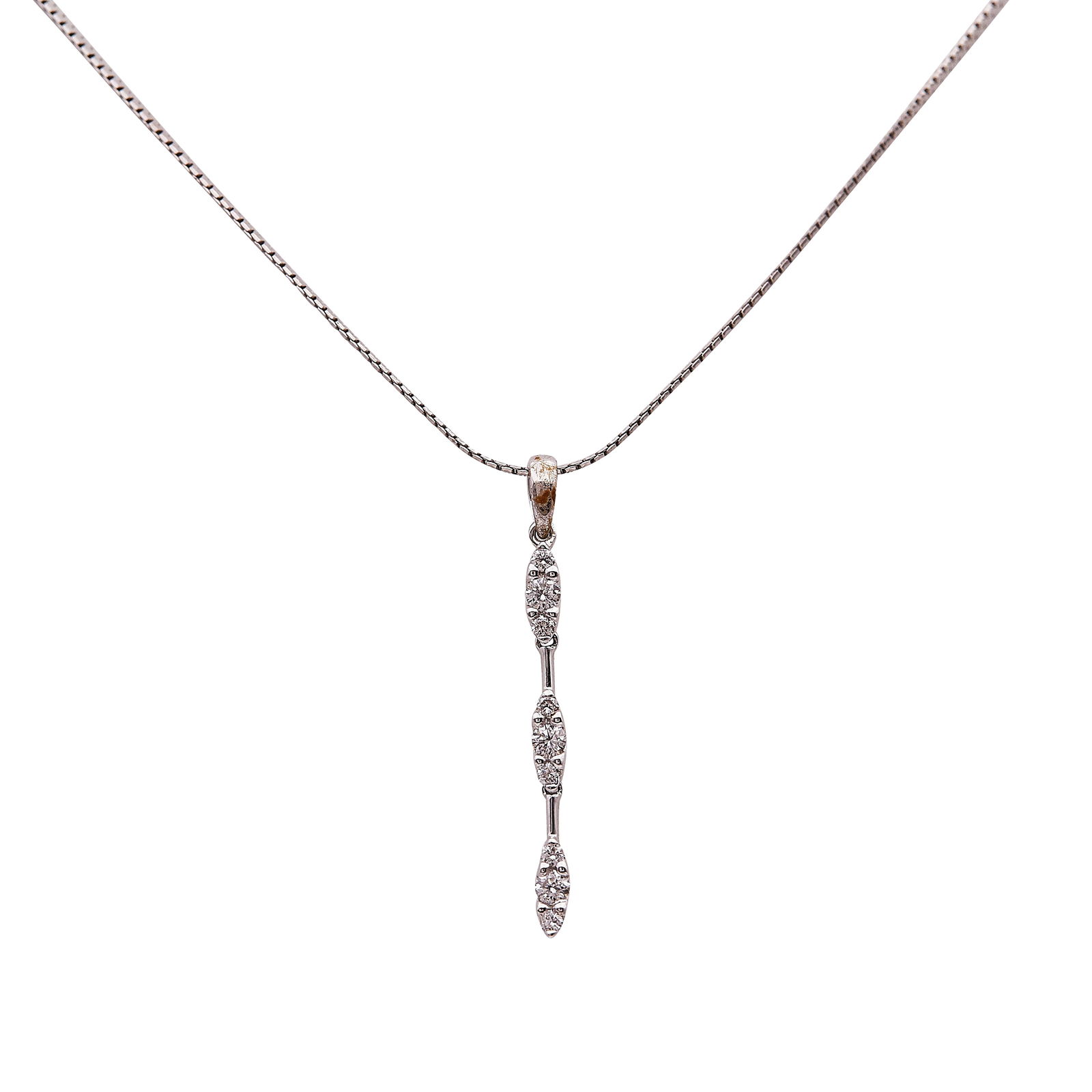 H. Stern 18K White Gold Diamond Cluster Articulated Drop Pendant Necklace: BRAND: H. Stern; METAL: 18K White Gold; APPROXIMATE TOTAL DIAMOND WEIGHT: 0.30 ctw; STAMPED: 750, ITALY, makers mark, assay mark; CONDITION: Pre-owned, Good; ITEM WEIGHT (GRAMS): 4.65 g; MEASUREMENTS: