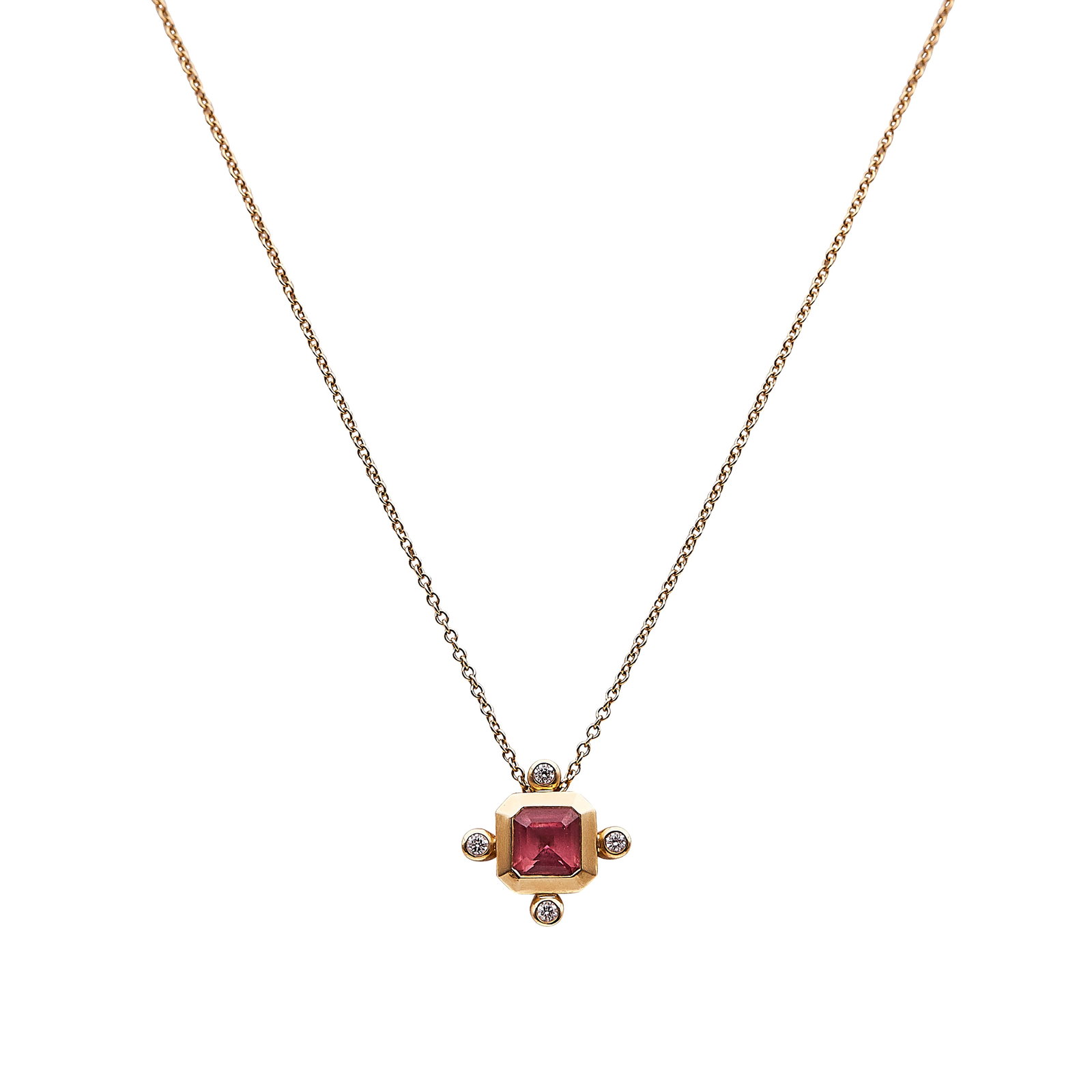 David Yurman 18K Yellow Gold Pink Tourmaline and Diamond Pendant Necklace: BRAND: David Yurman; METAL: 18K Yellow Gold; APPROXIMATE TOTAL DIAMOND WEIGHT: 0.06 ctw; GEMSTONES: Pink Tourmaline; STAMPED: Pendant marked: © D. Y., 750; Clasp marked © D. Y., 750; CONDITION: Pre-