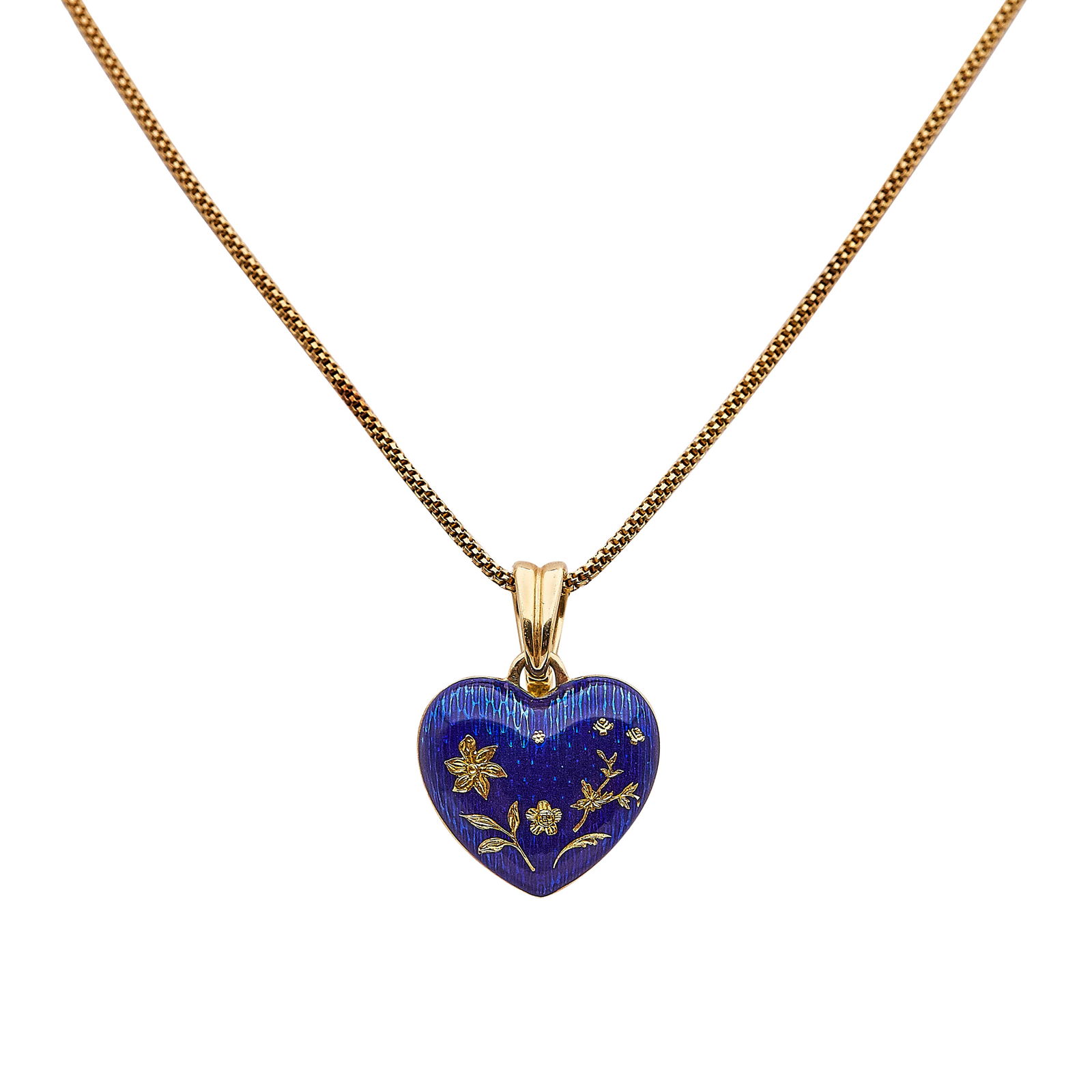 Fabergé 18K Yellow Gold Enamel Heart Pendant Necklace On Enhancer Bail: BRAND: Fabergé; METAL: 18K Yellow Gold; GEMSTONES: Blue Enamel with gold, floral-motif overlay decorations; STAMPED: Faberge, 154/500, 18Kt, maker's mark, GERMANY,; CONDITION: Pre-owned, Good; ITEM W