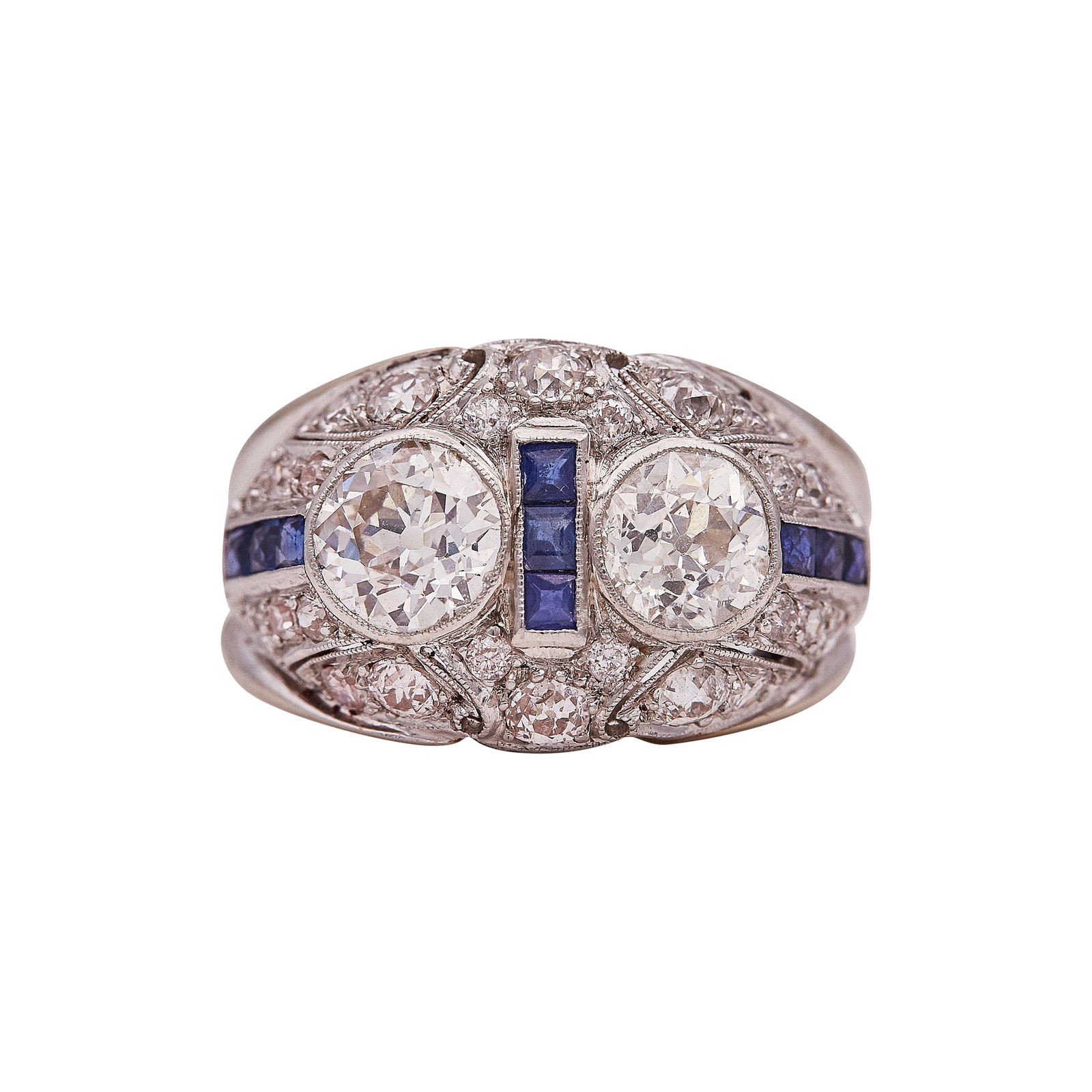 Art Deco 14K White Gold And Diamond Toi Et Moi Ring With Sapphire Accents: METAL: 14K White Gold; APPROXIMATE TOTAL DIAMOND WEIGHT: 2.25 ctw; GEMSTONES: Sapphires weighing approx. 0.50 CTTW; TESTED: 14K White Gold; CONDITION: Pre-owned, Good; ITEM WEIGHT (GRAMS): 7.25 g; MEA