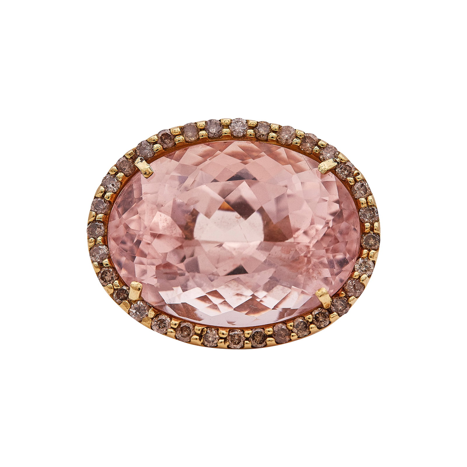 18K Yellow Gold Approx. 17.75 CT Morganite And Diamond Halo Ring: METAL: 18K Yellow Gold; APPROXIMATE TOTAL DIAMOND WEIGHT: 0.15 ctw; GEMSTONES: Morganite weighing approx. 17.75 carats in weight, one small chip at girdle, several small surface abrasions; TESTED: 18K