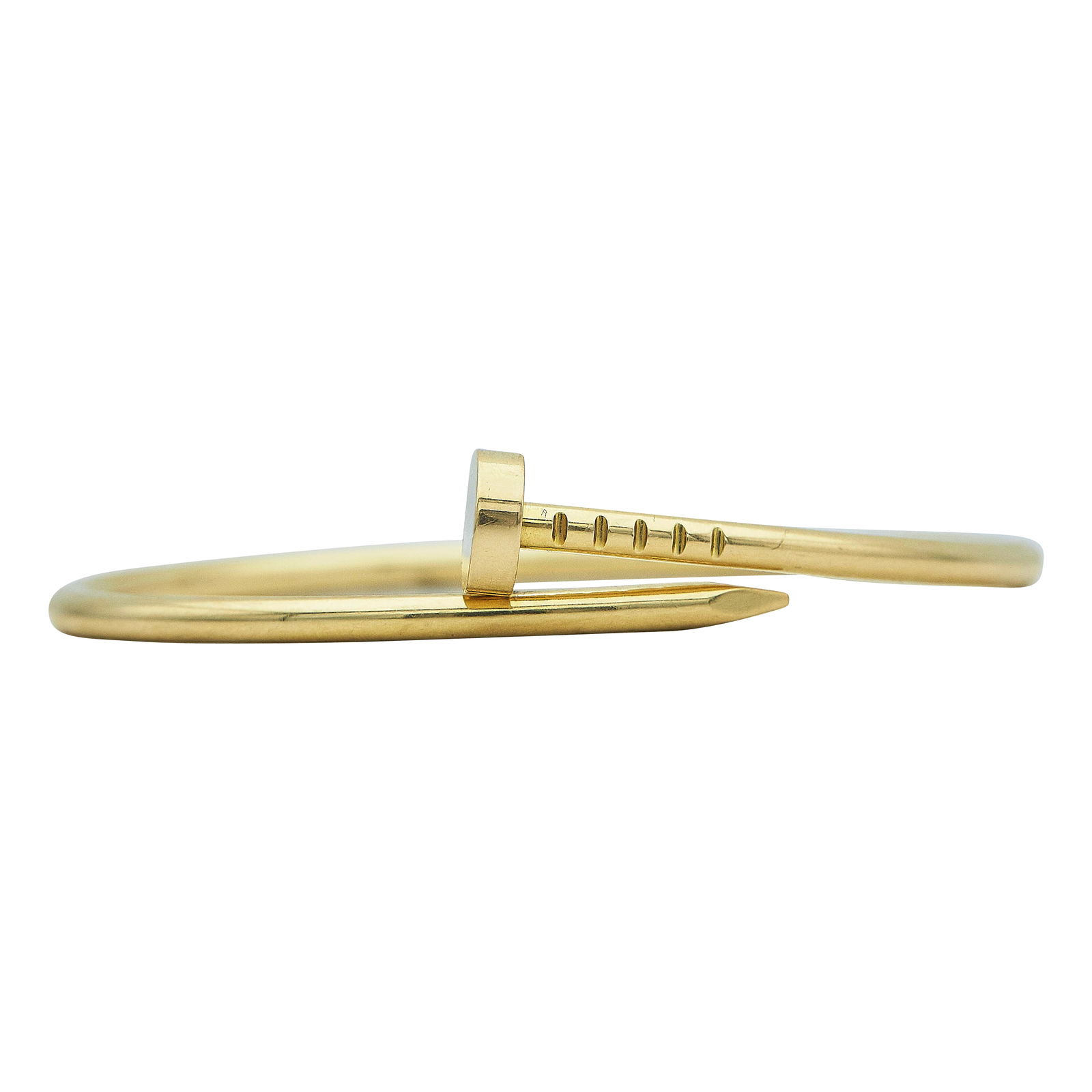 Cartier Juste un Clou 18K Yellow Gold Bangle Bracelet: BRAND: Cartier; COLLECTION: Juste un Clou; METAL: 18K Yellow Gold; STAMPED: © Cartier 14, serial number, Au750, PGI; CONDITION: Pre-owned, Good; ITEM WEIGHT (GRAMS): 8.5 g; MEASUREMENTS: Cartier brac