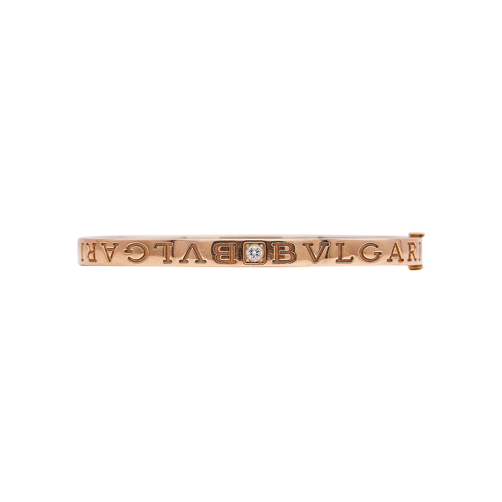 Bulgari Bvlgari-Bvlgari 18K Rose Gold And Diamond Hinged Cuff Bracelet: BRAND: Bulgari; COLLECTION: Bulgari-Bulgari; METAL: 18K Rose Gold; APPROXIMATE TOTAL DIAMOND WEIGHT: 0.20 ctw; STAMPED: Au750, Italian makers marks, MADE IN ITALY, M, serial number; CONDITION: Pre-own