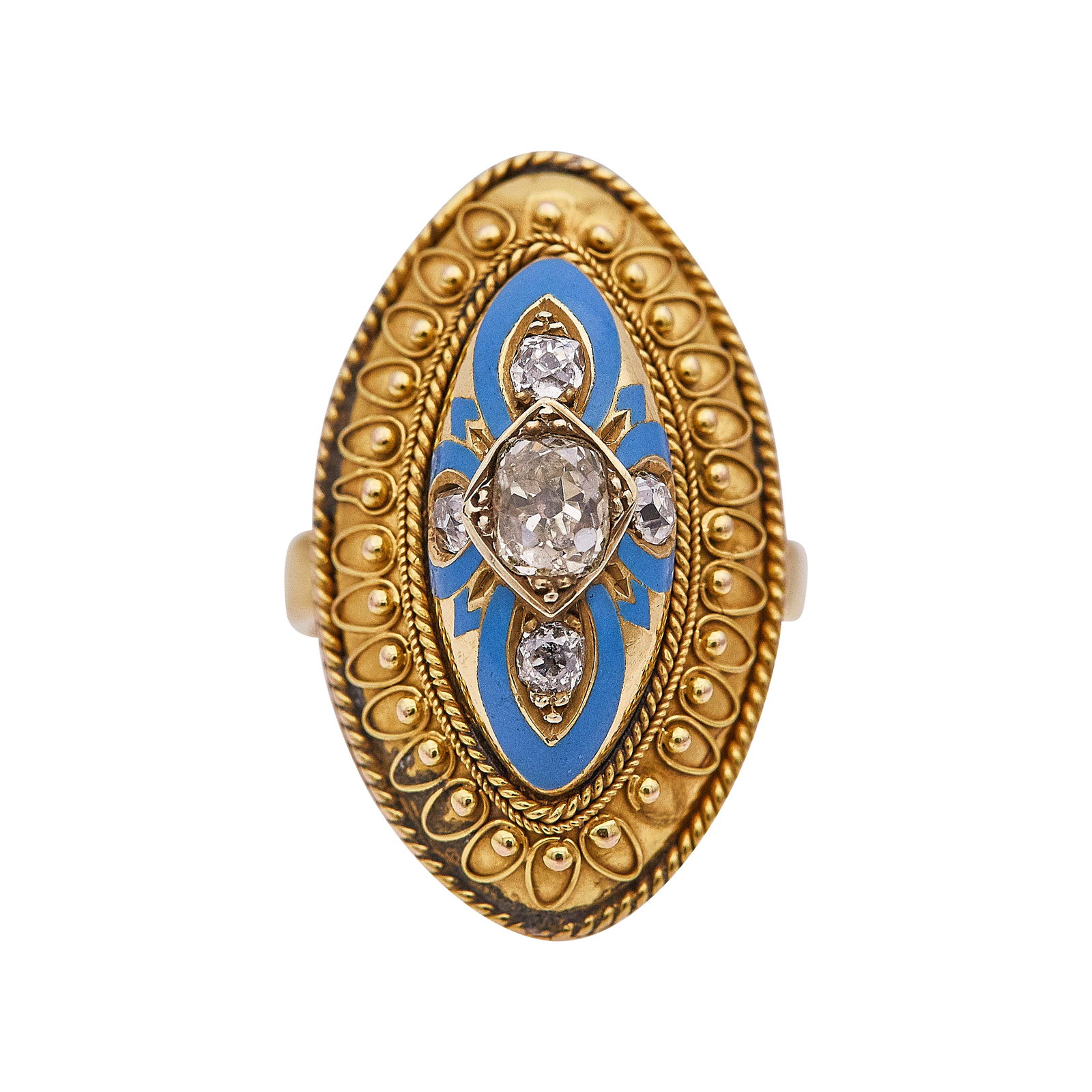 14K Yellow Gold Etruscan Revival Enamel And Diamond Ring: METAL: 14K Yellow Gold; APPROXIMATE TOTAL DIAMOND WEIGHT: 0.50 ctw; GEMSTONES: Enamel with minor chips, cracks, minor loss to ropework; STAMPED: ALA; TESTED: 14K Yellow Gold; CONDITION: Pre-owned, Goo