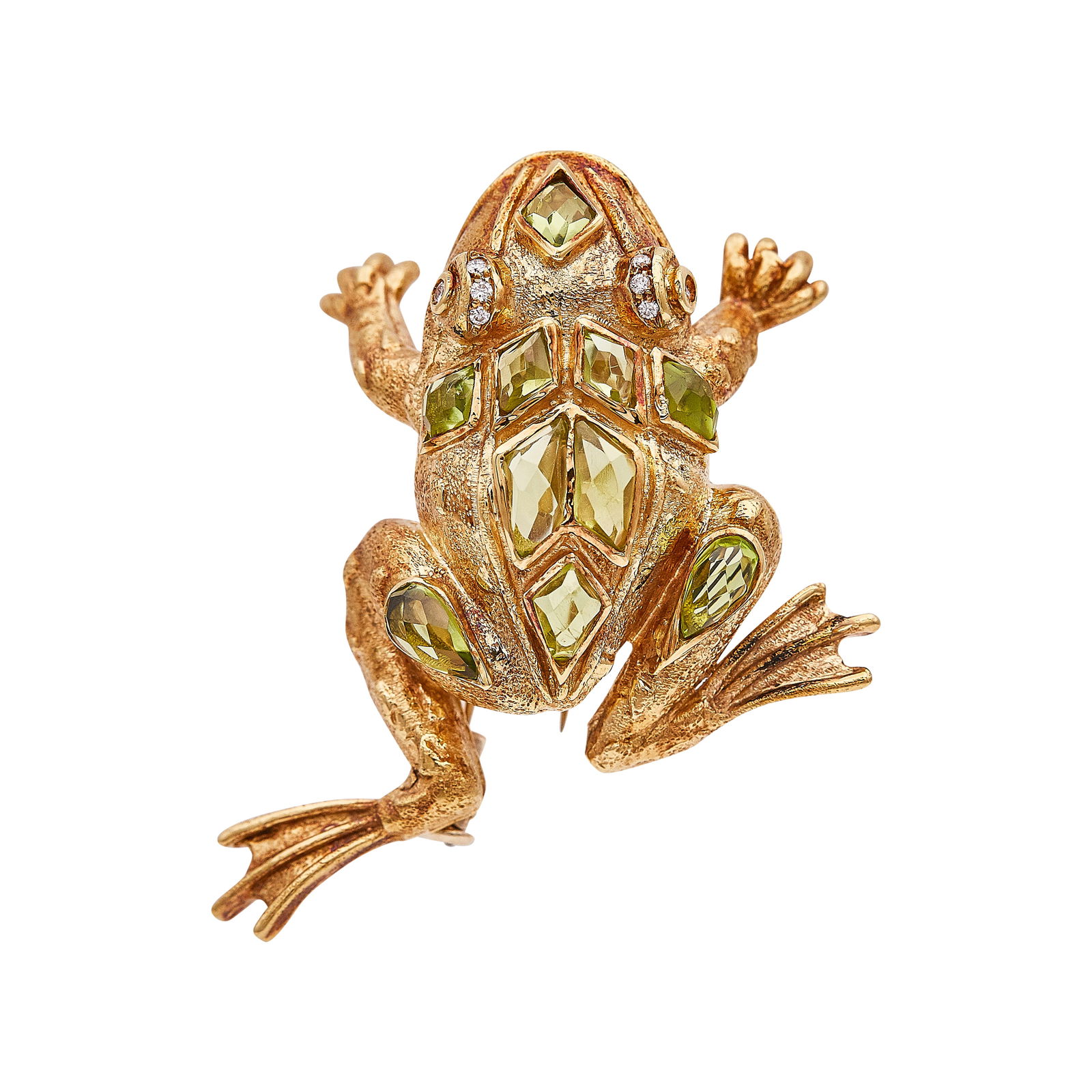 18K Yellow Gold Peridot And Diamond Frog Brooch Pin: METAL: 18K Yellow Gold; APPROXIMATE TOTAL DIAMOND WEIGHT: 0.05 ctw; GEMSTONES: Peridot, some with minor surface abrasions; TESTED: 18K Yellow Gold; CONDITION: Pre-owned, Good; ITEM WEIGHT (GRAMS): 31.