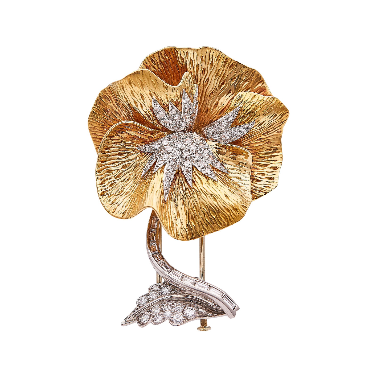 Boucheron 18K Yellow Gold And Platinum Pave Diamond Floral Brooch Pin: BRAND: Boucheron; METAL: 18K Yellow Gold/Platinum; APPROXIMATE TOTAL DIAMOND WEIGHT: 1.70 ctw; STAMPED: Boucheron Paris, assay marks, numbered,; CONDITION: Pre-owned, Very Good; ITEM WEIGHT (GRAMS): 3