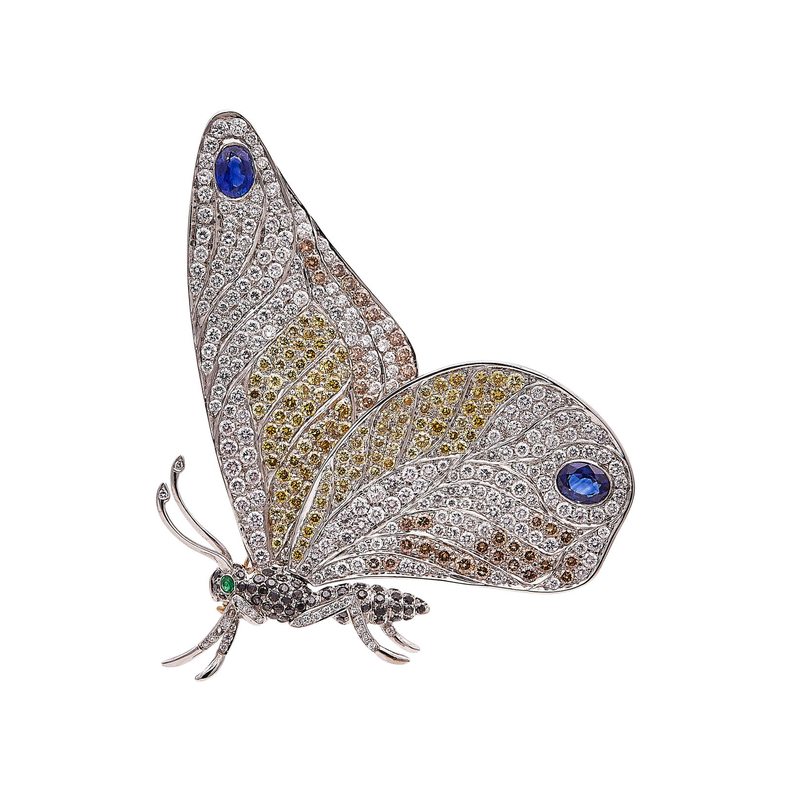 Platinum Multicolored Diamond, Emerald, And Sapphire Articulated Butterfly Brooch Pin With 18K: METAL: Platinum, 18K Yellow Gold; APPROXIMATE TOTAL DIAMOND WEIGHT: 3 ctw; GEMSTONES: Sapphires weighing approx. 1,25 cttw, Emerald weighing approx. 0.05 cttw, black diamonds weighing approx, 0.50 ctt