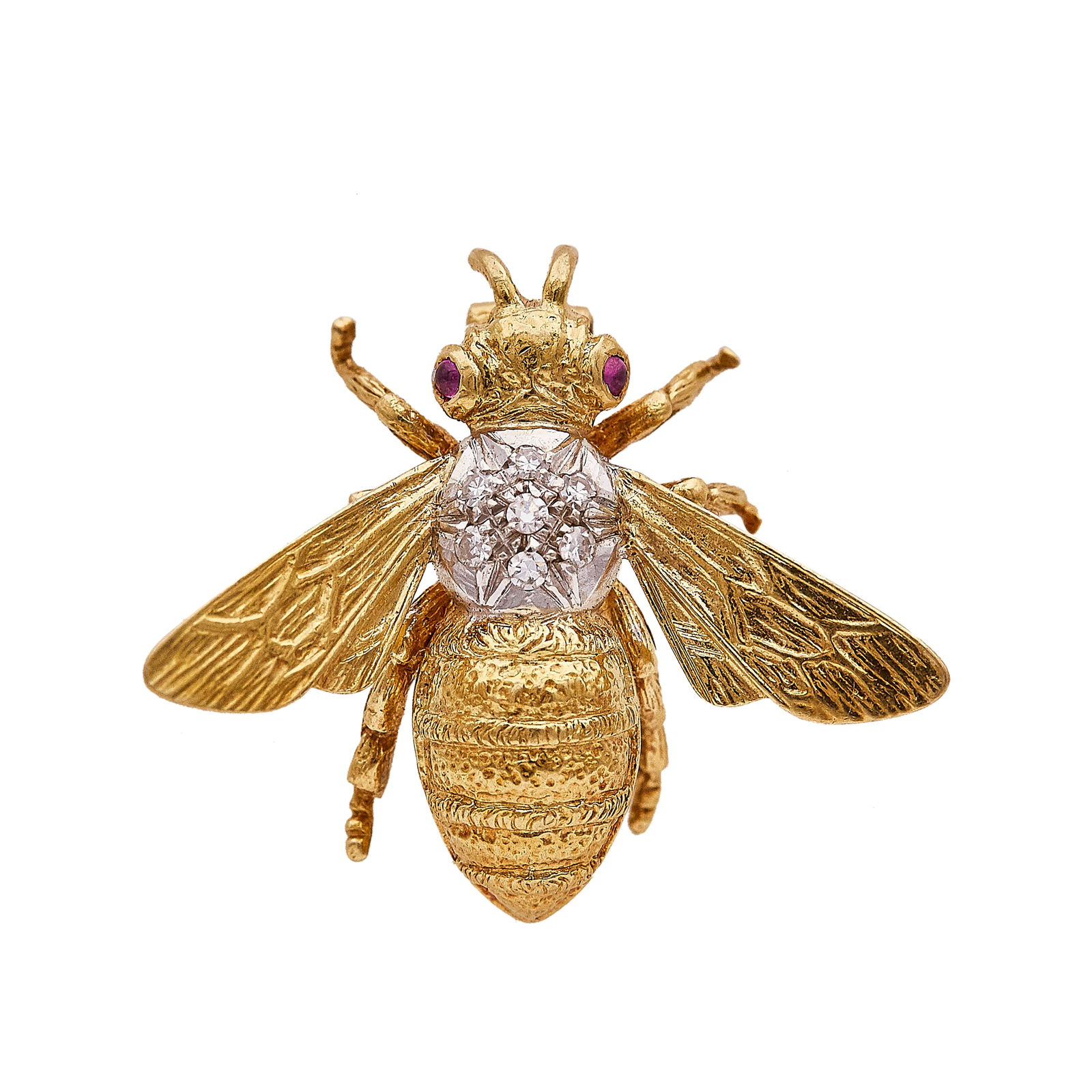 18K Yellow Gold and White Gold Diamond and Ruby Bee Pin Brooch: METAL: 18K Yellow Gold/White Gold; APPROXIMATE TOTAL DIAMOND WEIGHT: 0.10 ctw; GEMSTONES: Ruby; STAMPED: 750, Maker's mark; CONDITION: Pre-owned, Very Good; ITEM WEIGHT (GRAMS): 7.2 g; MEASUREMENTS: P