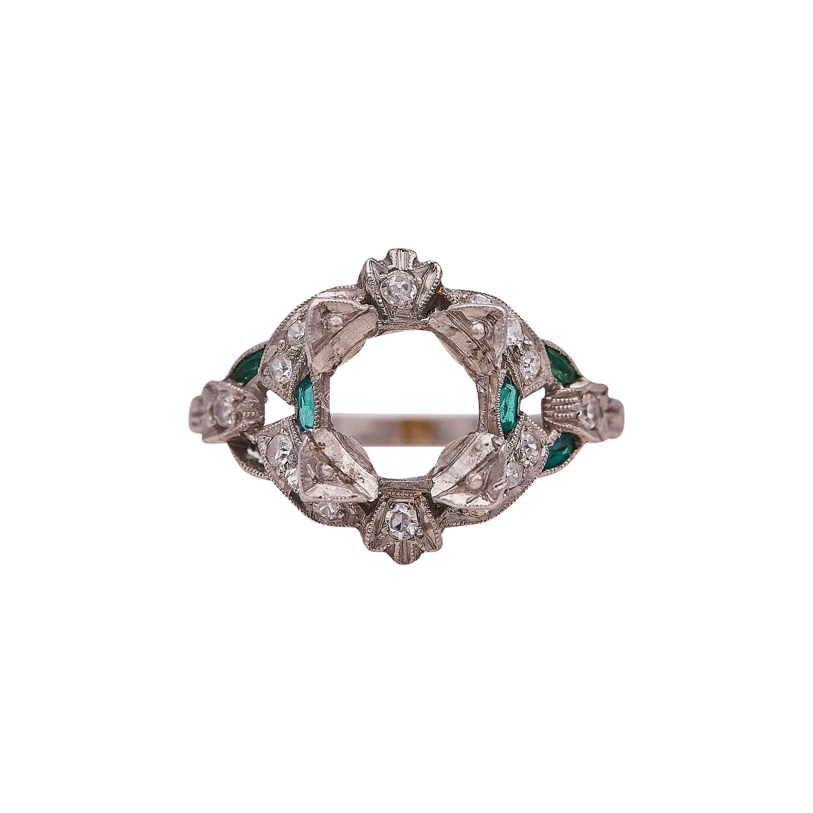 Art Deco Platinum, Diamond, and Emerald Ring Setting: METAL: Platinum; APPROXIMATE TOTAL DIAMOND WEIGHT: 0.18 ctw; GEMSTONES: Emerald; STAMPED: 5% Irid. Platinum; CONDITION: Pre-owned, Good; ITEM WEIGHT (GRAMS): 4.03 g; MEASUREMENTS: Ring size 6 1/2, Cen