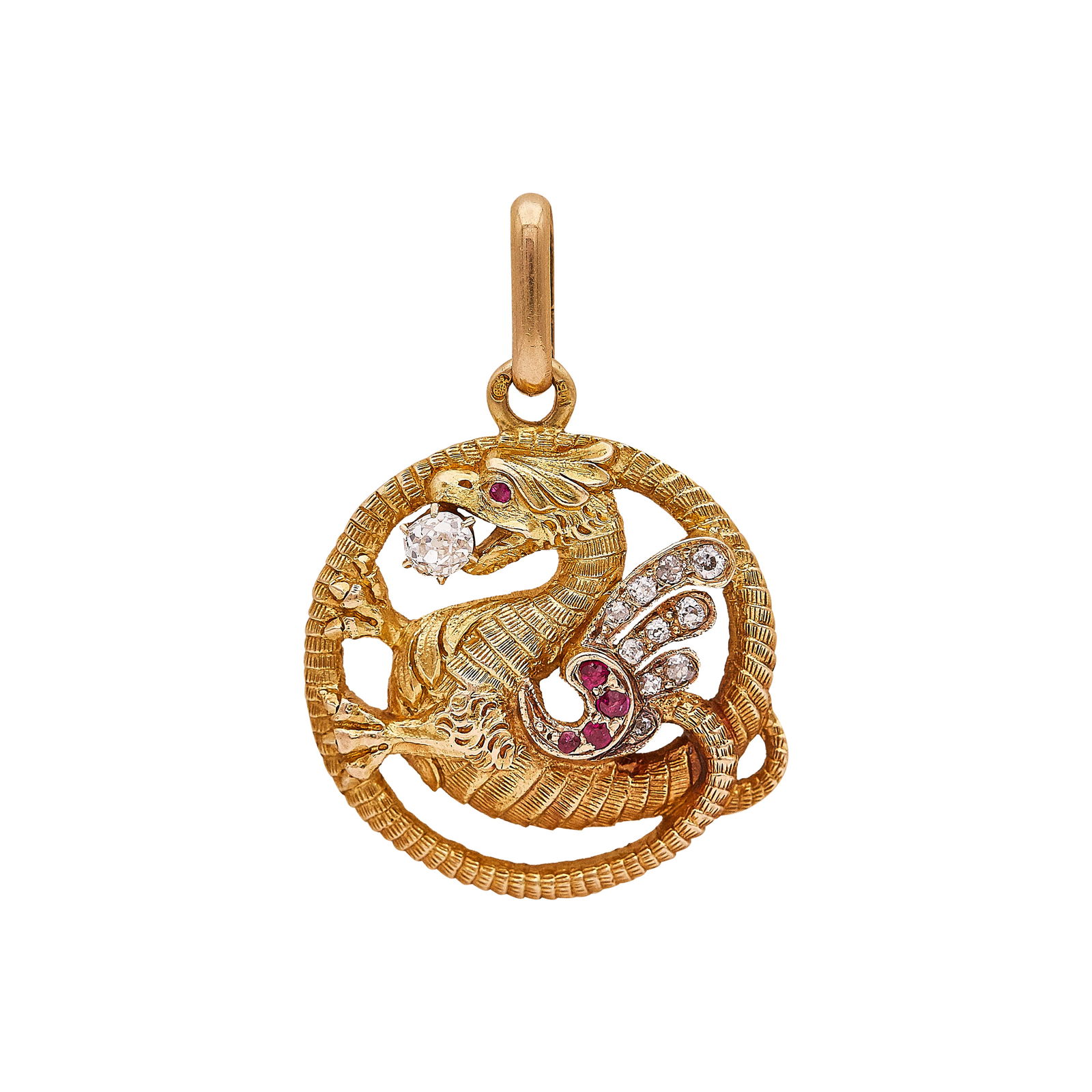 Antique 18K Yellow Gold Old Mine Cut Diamond and Ruby Dragon Pendant: METAL: 18K Yellow Gold; APPROXIMATE TOTAL DIAMOND WEIGHT: 0.42 ctw; GEMSTONES: Ruby; STAMPED: M5, Pictoral hallmark; CONDITION: Pre-owned, Very Good; ITEM WEIGHT (GRAMS): 13.1 g; MEASUREMENTS: Pendant