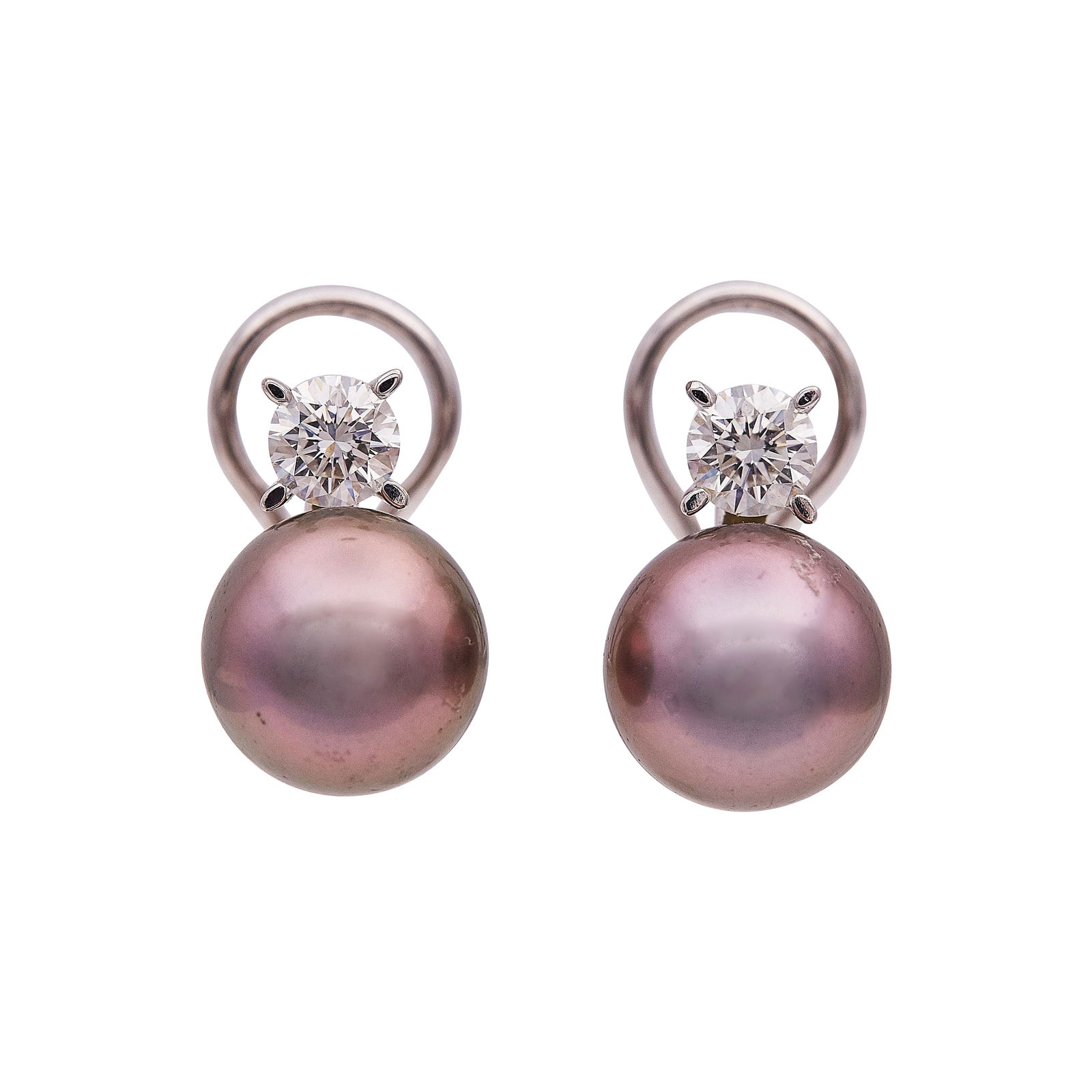 18K White Gold Grey Pearl and Diamond Earrings: METAL: 18K White Gold; APPROXIMATE TOTAL DIAMOND WEIGHT: 1.12 ctw; GEMSTONES: Pearls approx. 11mm in diameter; TESTED: 18K White Gold; CONDITION: Pre-owned, Good; ITEM WEIGHT (GRAMS): 10.16 g; MEASURE