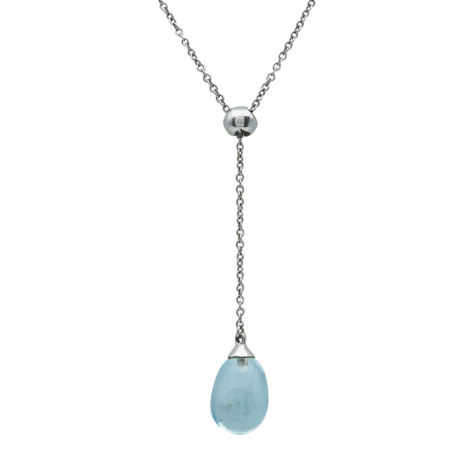Tiffany & Co. 18K White Gold Aquamarine Pendant Necklace: BRAND: Tiffany & Co.; METAL: 18K White Gold; GEMSTONES: Aquamarine approx. 10.00mm x 7.50mm; STAMPED: © Tiffany & Co., 750; CONDITION: Pre-owned, Very Good; ITEM WEIGHT (GRAMS): 2.77 g; MEASUREMENTS: