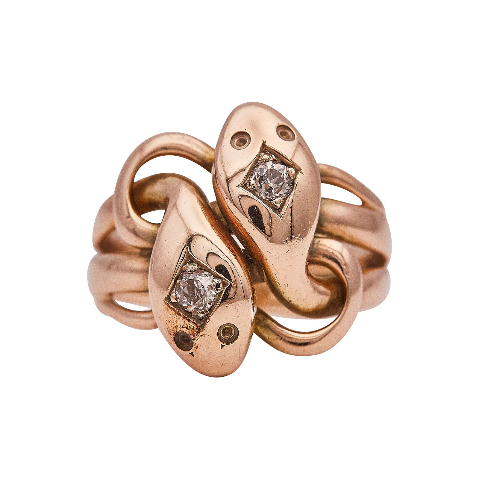 14K Rose Gold and Diamond Snake Ring: METAL: 14K Rose Gold; APPROXIMATE TOTAL DIAMOND WEIGHT: 0.12 ctw; TESTED: 14K Rose Gold; CONDITION: Pre-owned, Good; ITEM WEIGHT (GRAMS): 6.7 g; MEASUREMENTS: Ring size 4 3/4
