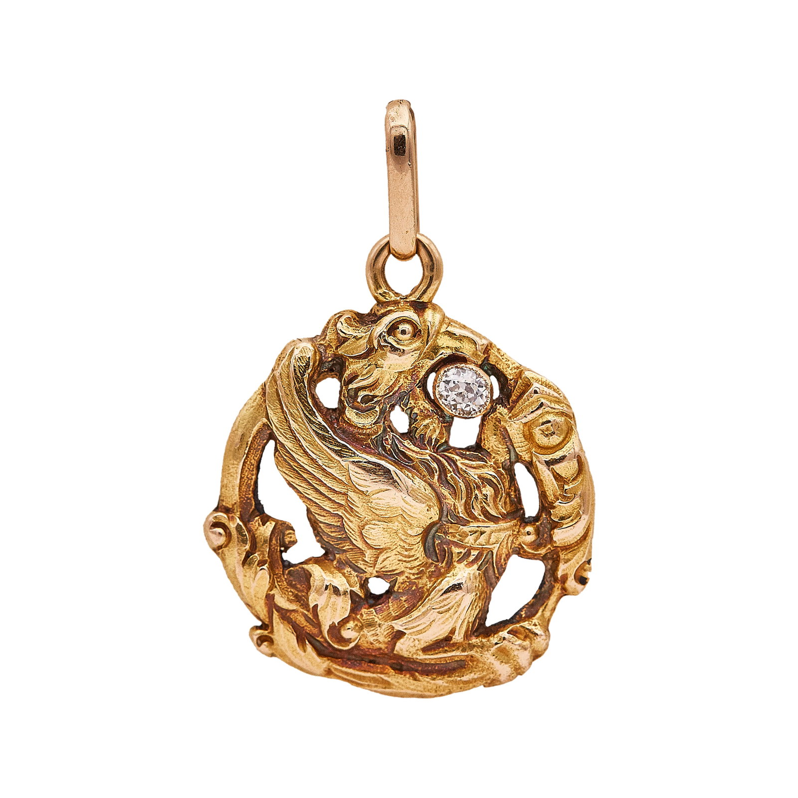Antique 14K Yellow Gold and Diamond Griffin Pendant (1 of 3)