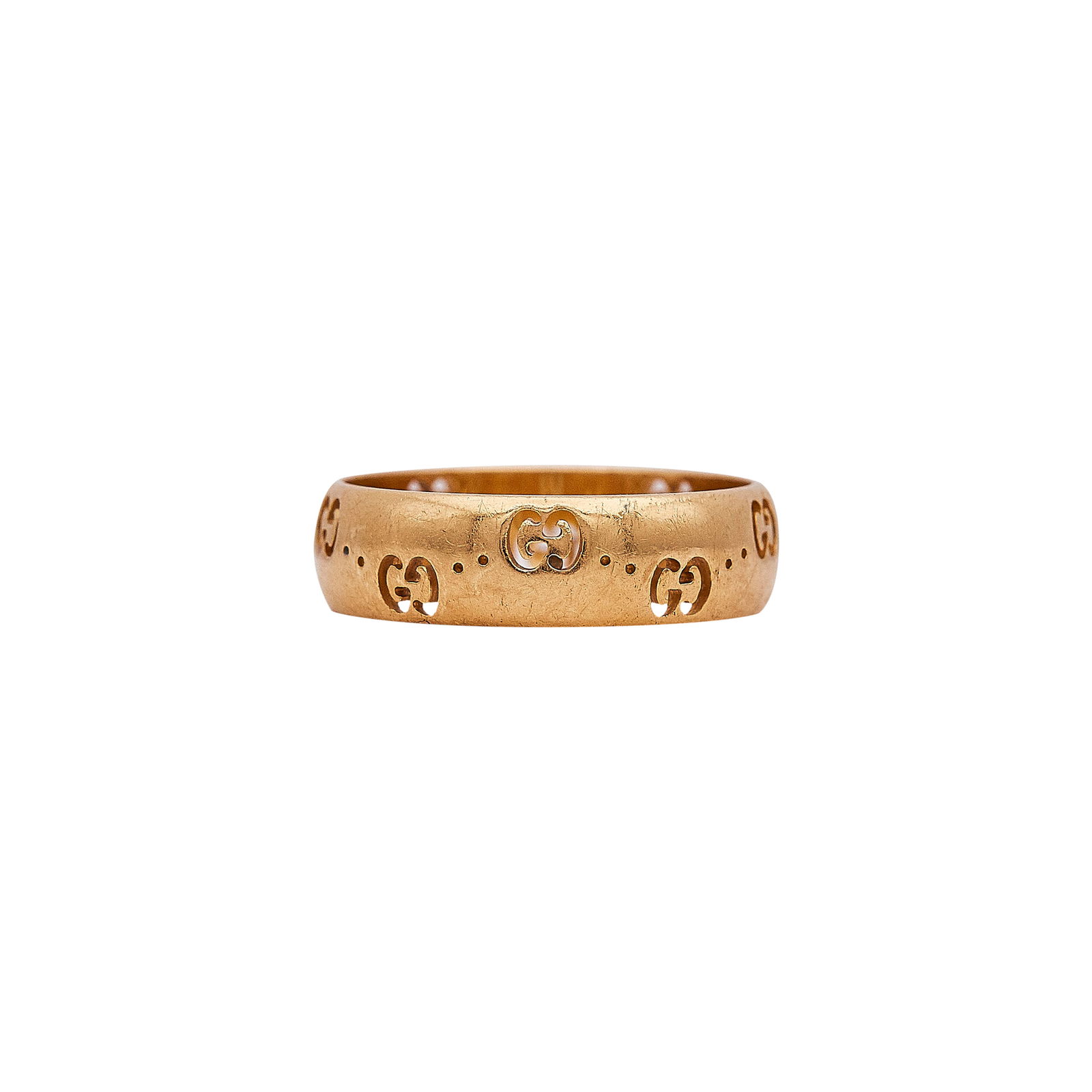 Gucci 18K Yellow Gold Logo Band Ring: BRAND: Gucci; METAL: 18K Yellow Gold; STAMPED: GUCCI, made in italy, 20, Au750, Italian workshop mark; CONDITION: Pre-owned, Good; ITEM WEIGHT (GRAMS): 5.48 g; MEASUREMENTS: Ring size 8 1/2, 6mm wide