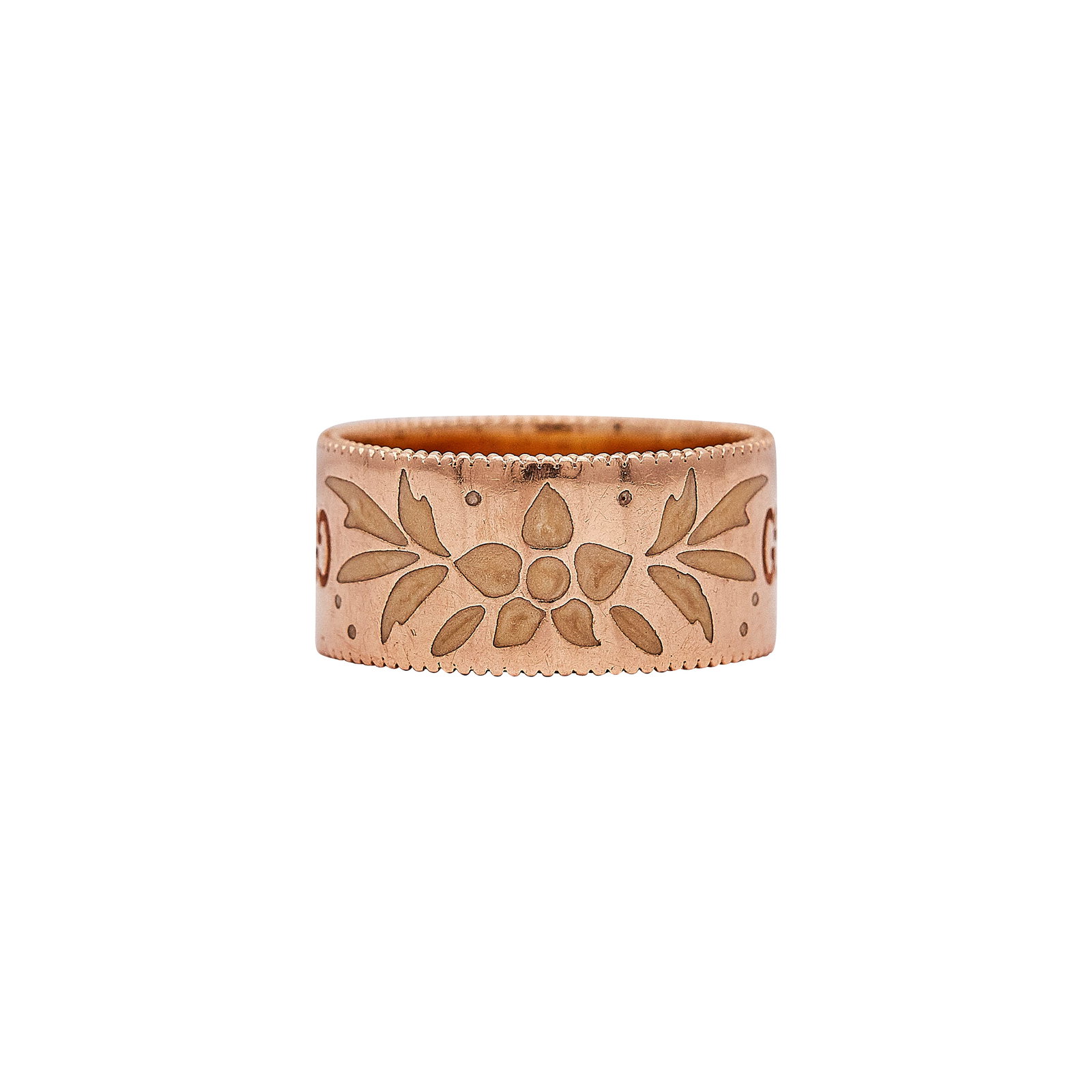 Gucci 18K Rose Gold and Enamel Band Ring: BRAND: Gucci; METAL: 18K Rose Gold; STAMPED: GUCCI, made in italy, Au750, Italian workshop mark, 14; CONDITION: Pre-owned, Very Good; ITEM WEIGHT (GRAMS): 7.52 g; MEASUREMENTS: Ring size 6 1/2